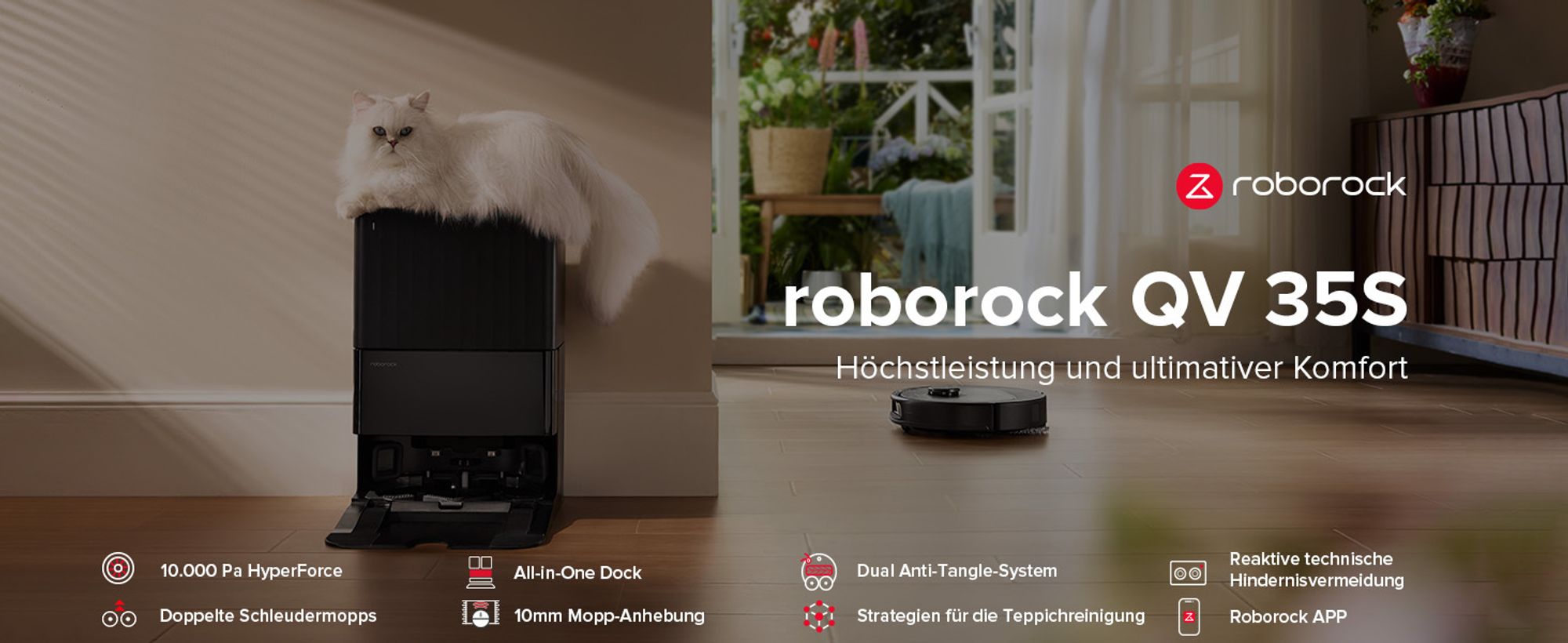 Roborock QV 35S Staubsauger Roboter, 10.000Pa Saugroboter (Upgrade von Qrevo Plus), Anti-Tangle-Bürsten, Anhebbare Schleudermopps (Schwarz)