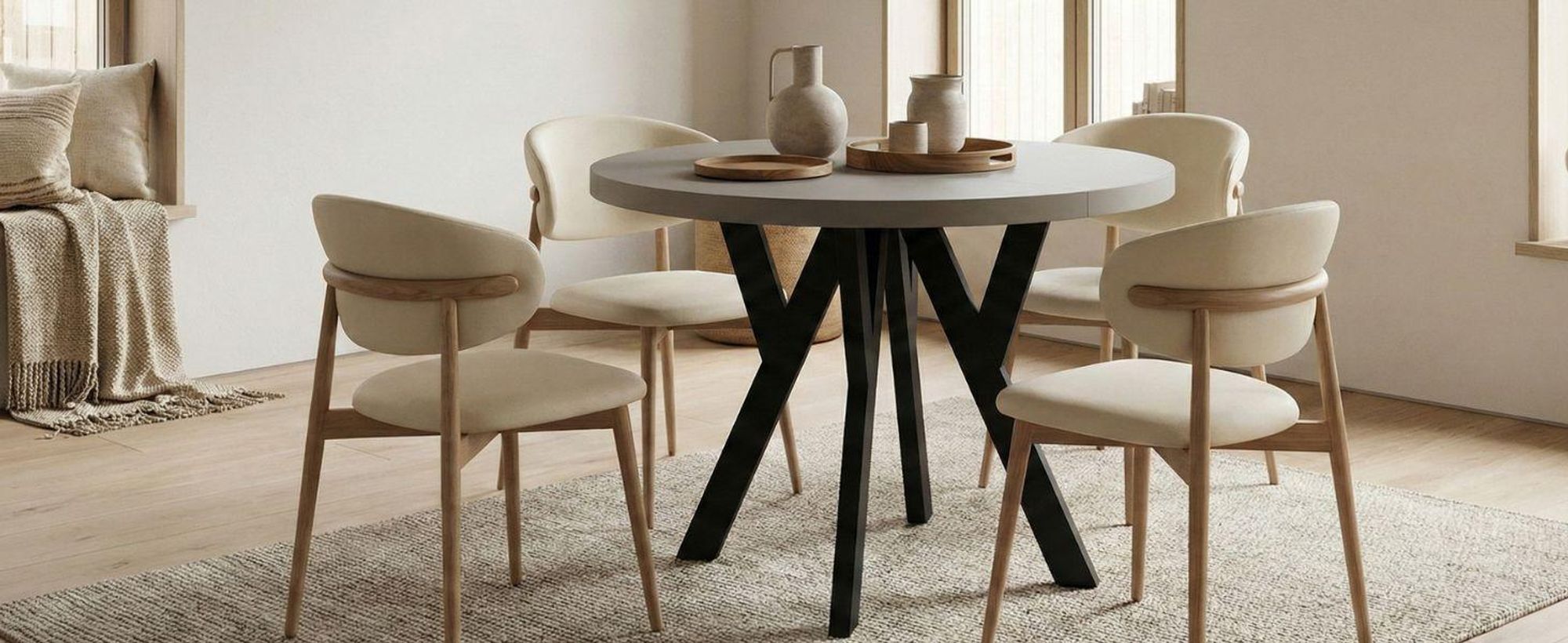 Runder Ausziehbarer Tisch für Esszimmer, PERO, Loft-Stil, Skandinavische, Durchmesser: 110 / 160 cm, Farbe: Kaschmir / Schwarz