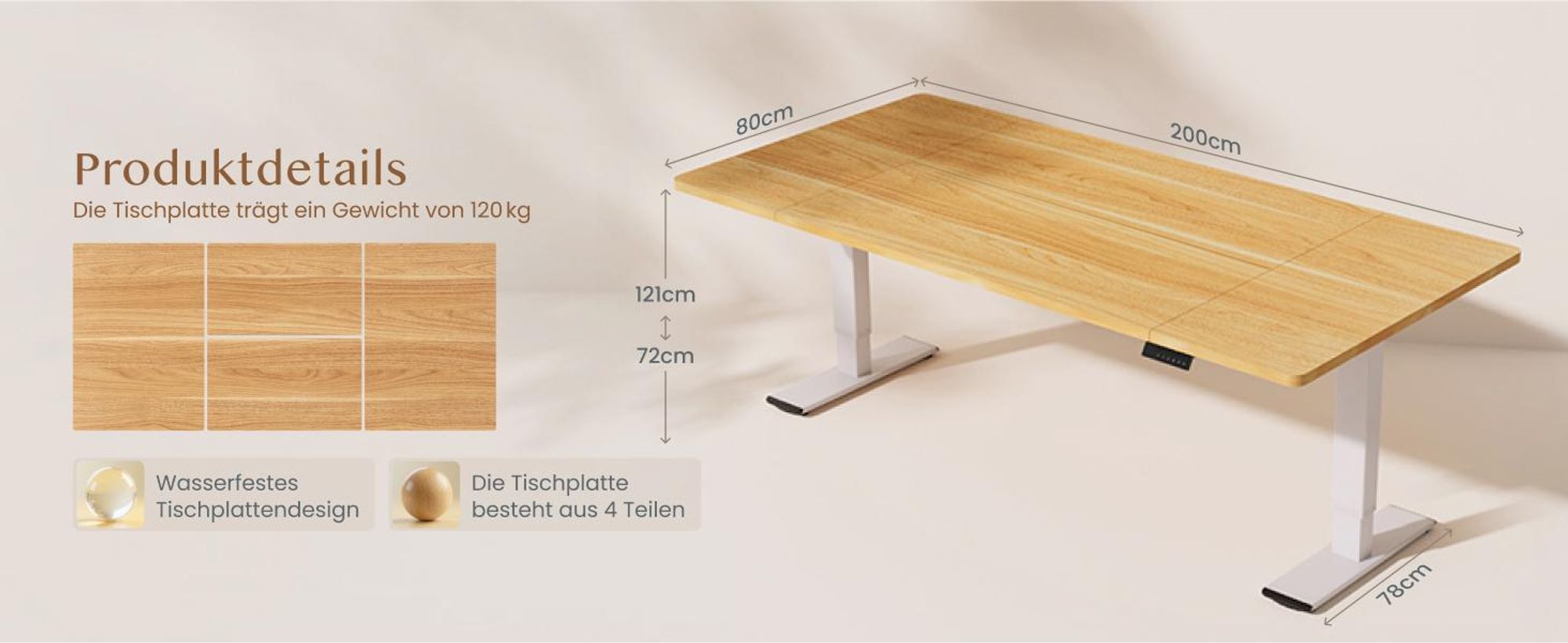 FLEXISPOT QB2 Höhenverstellbarer Schreibtisch Elektrisch 200x80cm mit Steckdosenleiste, 2 STARKE MOTOREN, 120 kg Tragkraft, 4 Memory-Funktion (Ahorn)