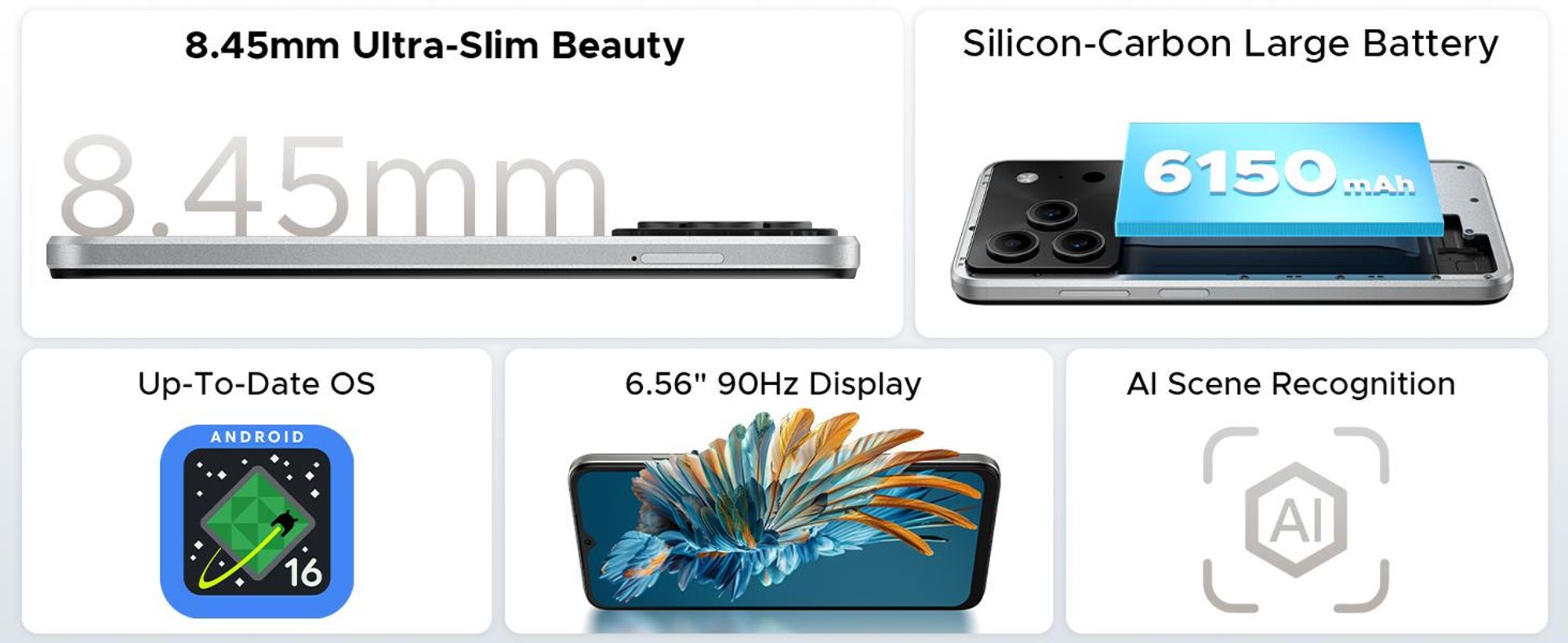 DOOGEE Note 56, chytrý telefon, Android 16, 6,56" displej s obnovovací frekvencí 90 Hz, rozlišení HD+, baterie 6150 mAh, 24 GB RAM + 64 GB interní paměti, podpora 4G, dual SIM, 8MP fotoaparát, rozpoznávání obličeje, podpora OTG, bez smlouvy