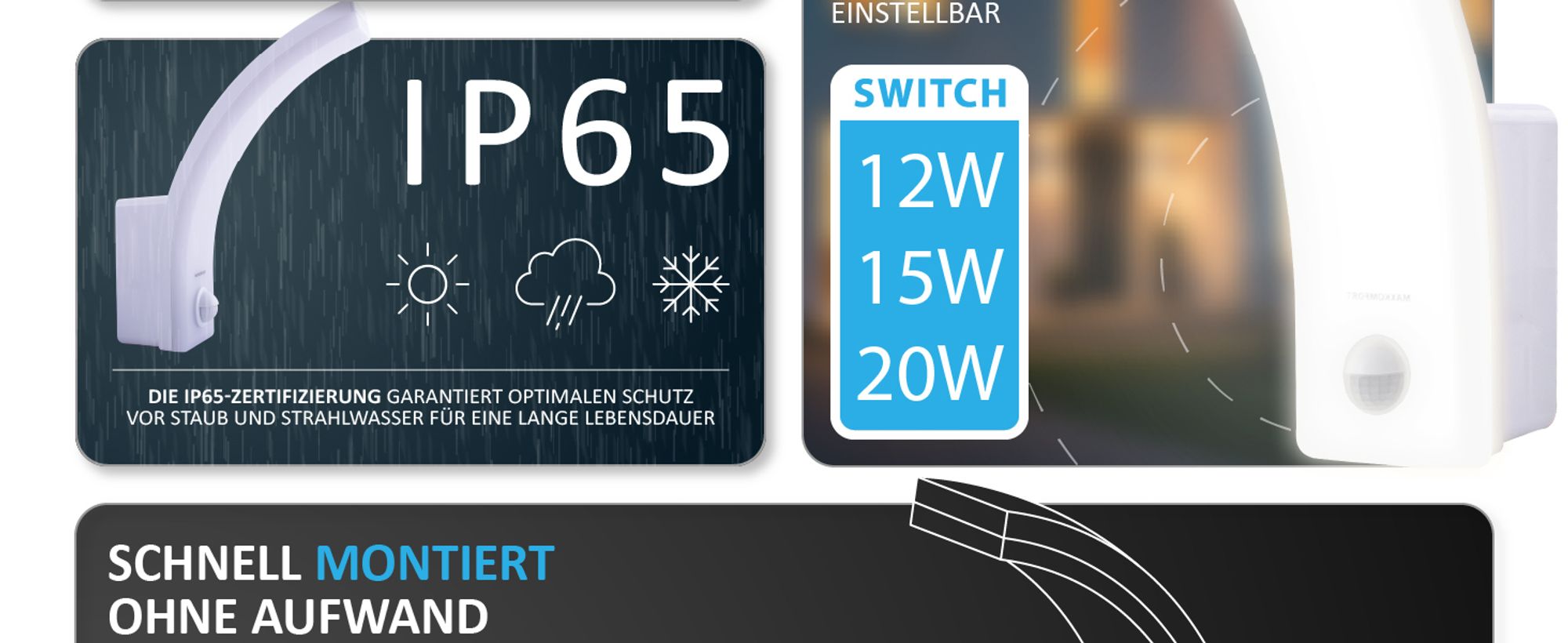 LED Außenwandleuchte 'X.PRIT', Weiß mit Bewegungsmelder - IP65, 3-stufig einstellbar (12W/15W/20W), Neutralweiß