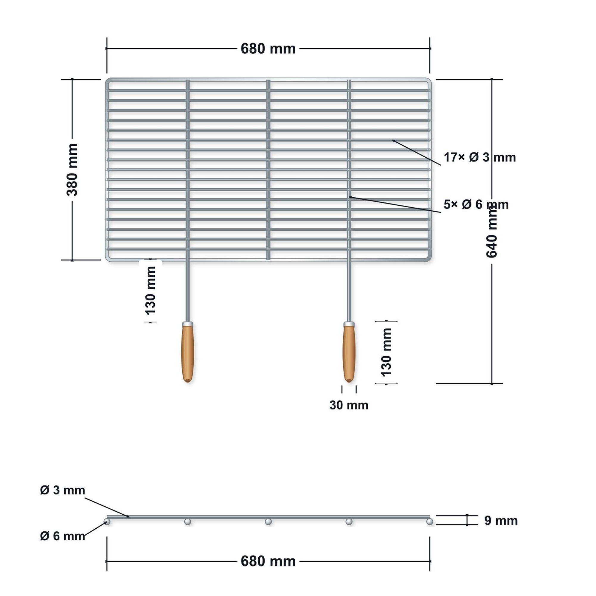 Griglia in acciaio inox 68 × 38 cm con manici in legno – disegno tecnico