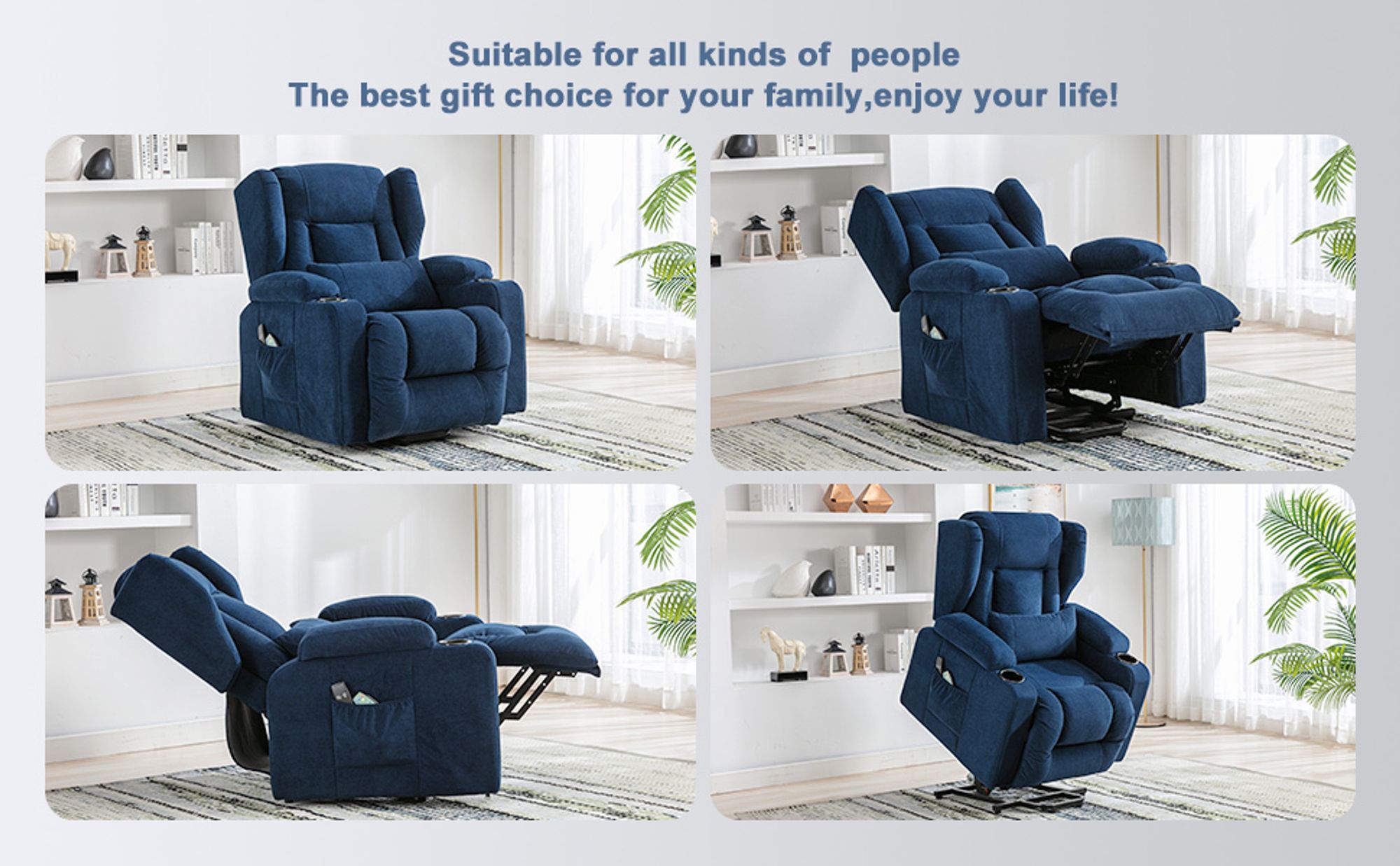 COMHOMA Relaxsessel Aufstehhilfe Massagesessel Fernsehsessel Liege mit Massage Ergonomischer Sessel Stoffoberfläche blau