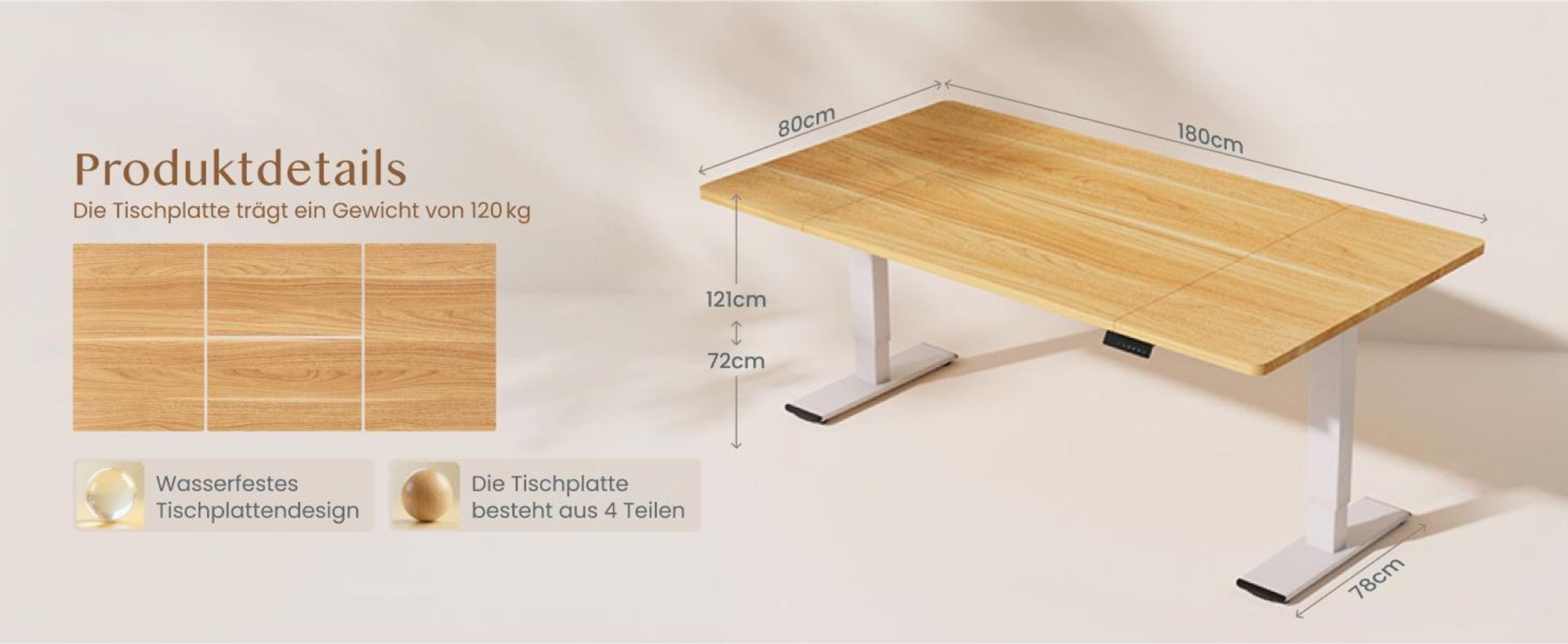 FLEXISPOT QB2 Höhenverstellbarer Schreibtisch Elektrisch 180x80cm, 2 STARKE MOTOREN, 120 kg Tragkraft, Antikollisionsschutz, 4 Memory-Funktion (Ahorn)