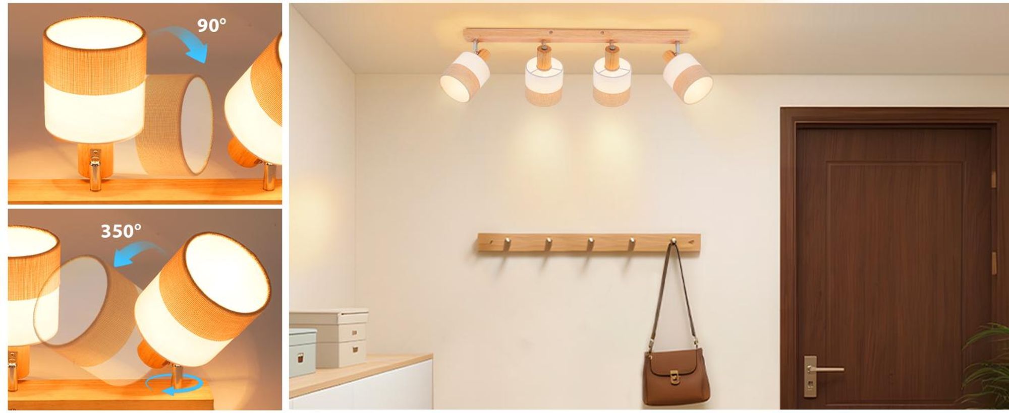 ZMH Lampa sufitowa , 4 płomienie, reflektor sufitowy E14, vintage, drewniany spot sufitowy, z kloszem z tkaniny, obrotowy 350°, MAX.25W, bez żarówek