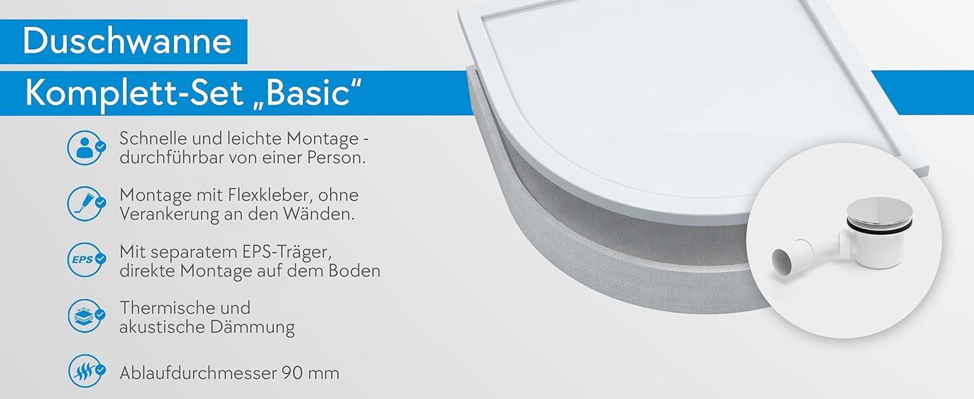 AQUABAD® Duschwanne Komplettset Basic Smooth White 80x80cm R55 Viertelkreis inkl. Styroporträger und Ablaufgarnitur Alcadrain A49CR