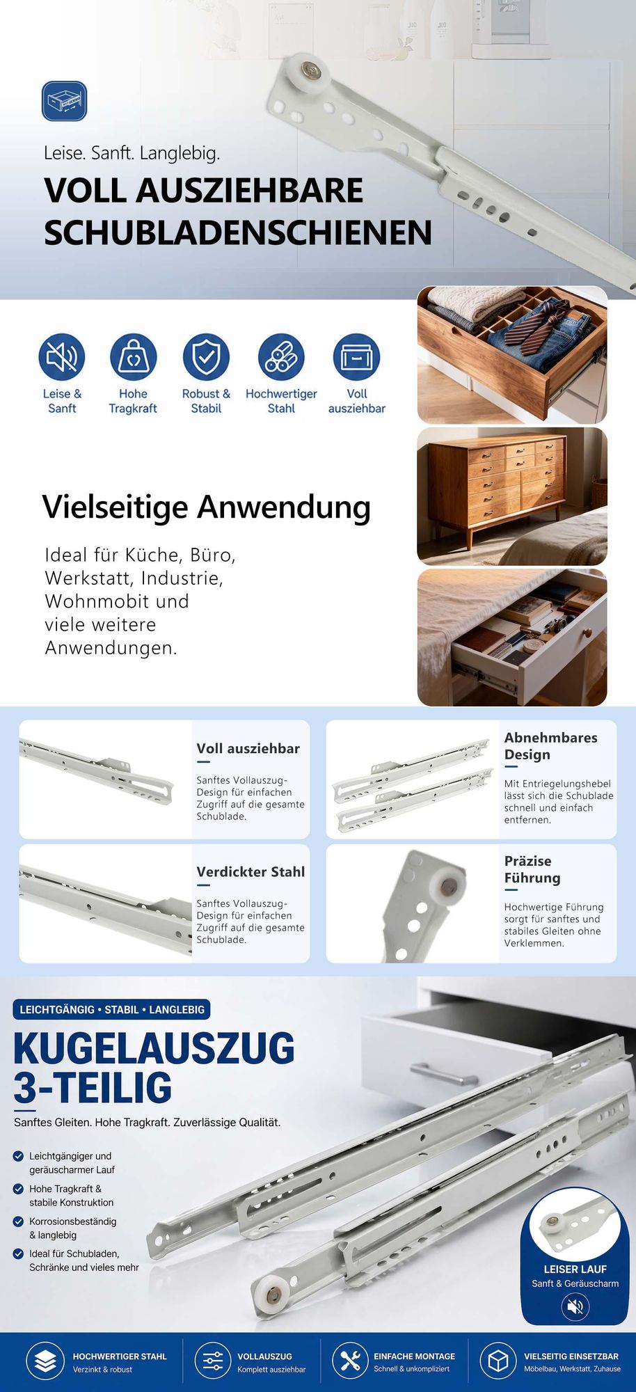 YALION® 4 Paar Schubladenschienen 500 mm – Teilauszug Kugelauszug aus Stahl, 20 mm Führungsschienen zur seitlichen Montage, belastbar bis 20 kg