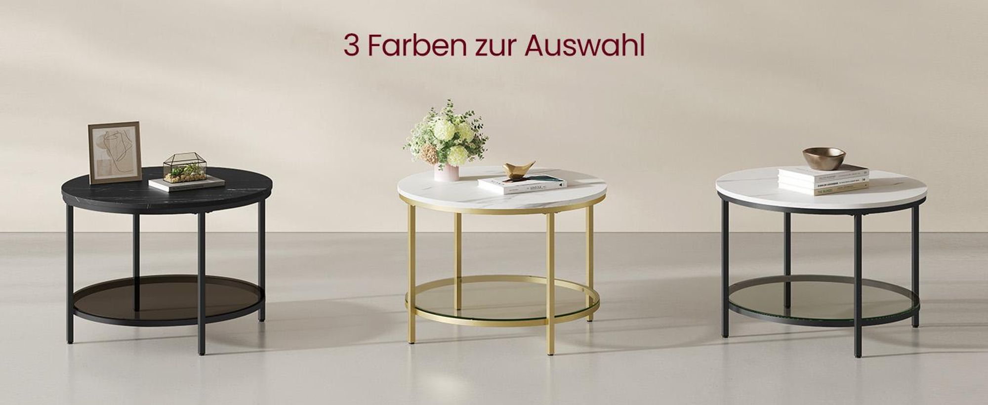 VASAGLE Couchtisch, Wohnzimmertisch, moderner Stil, 65 x 46 cm (Ø x H), Marmorweiß