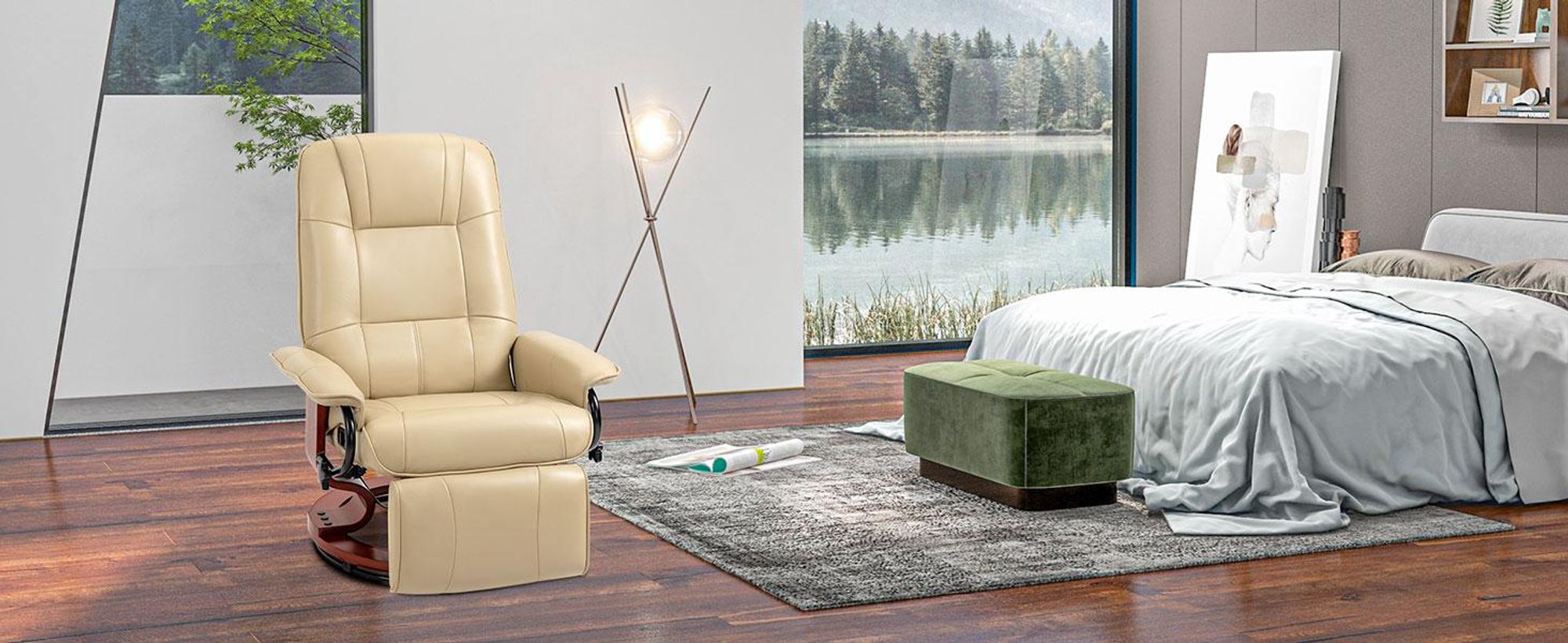 Fotel rozkładany HOMCOM z funkcją odchylania, obrotowy o 360°, z regulowanym oparciem i podnóżkiem, fotel rozkładany, fotel telewizyjny do salonu, sypialni, skóra ekologiczna, kremowo-biały