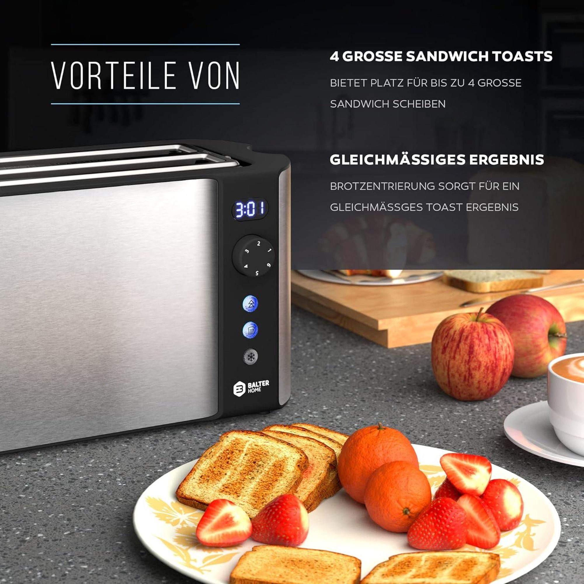 Balter Toaster 4 Scheiben, Edelstahl, Langschlitztoaster mit Brötchenaufsatz, 1500W, LCD Display, Defrost-/Aufwärmfunktion, Krümelschublade, Silber