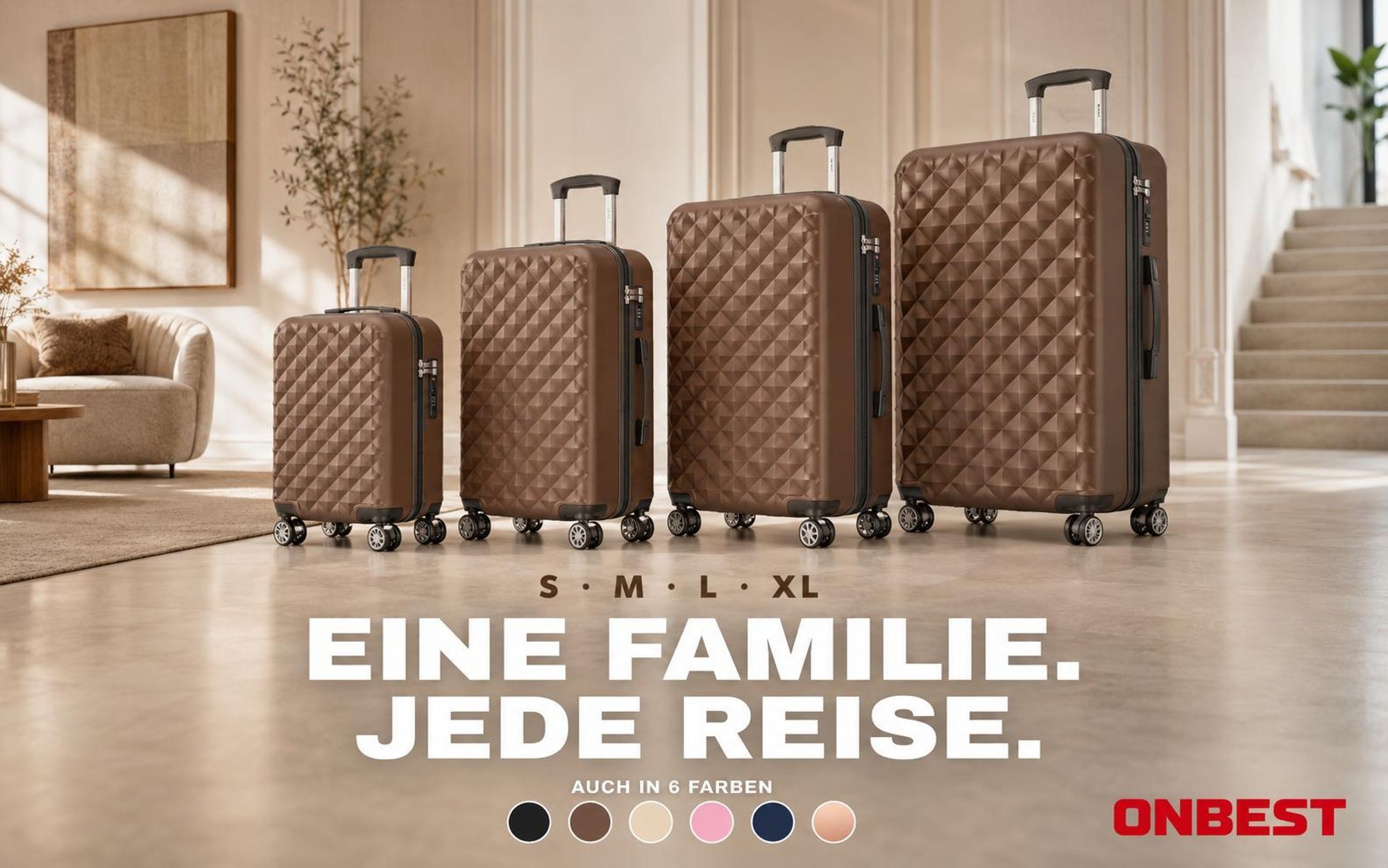 ONBEST Hartschalen Koffer Set | 4-teilig | Braun | mit TSA-Schloss | USB-Anschluss | viel Zubehör | 360° Doppelrollen