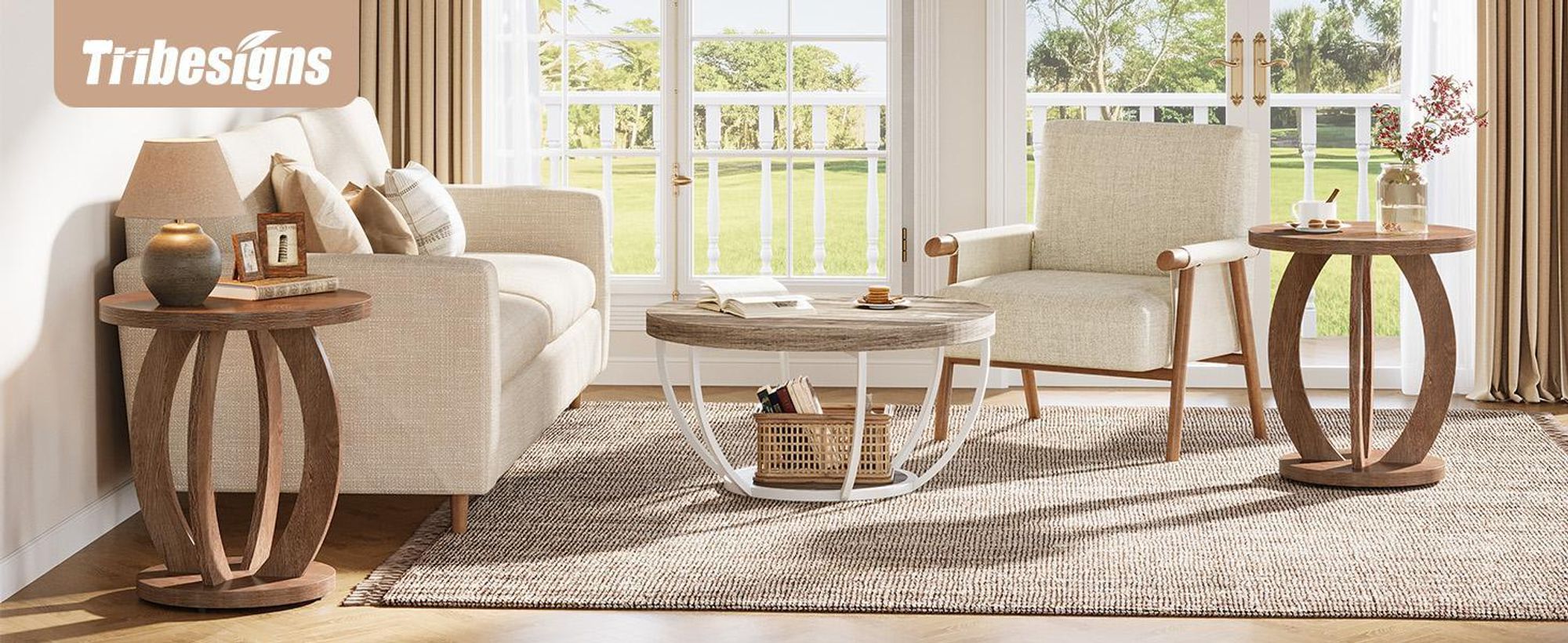 Tribesigns Table d'appoint, table d'appoint ronde avec espace de rangement, 50 cm de style rustique avec plateau de table rond, table d'appoint en bois, brun rustique