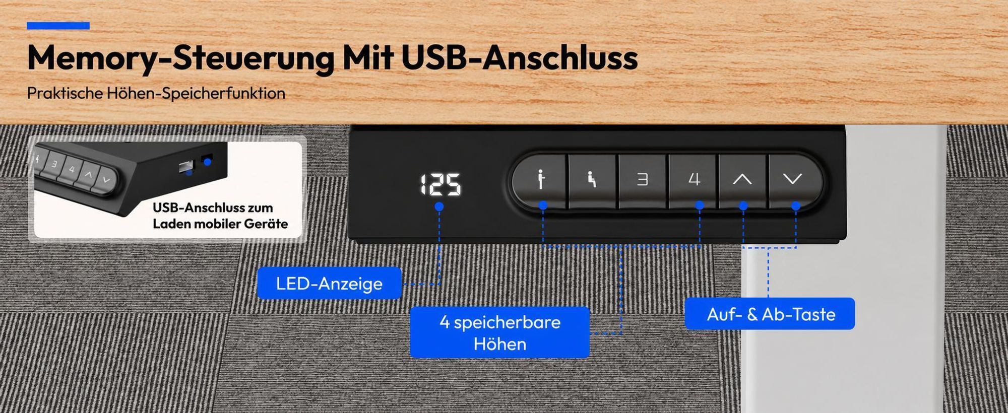 FLEXISPOT E5 Plus Höhenverstellbarer Schreibtisch 160x80cm, Doppelmotor, 25MM EINTEILIGE TISCHPLATTE, USB-Anschluss, 120KG Tragkraft, Ahorn