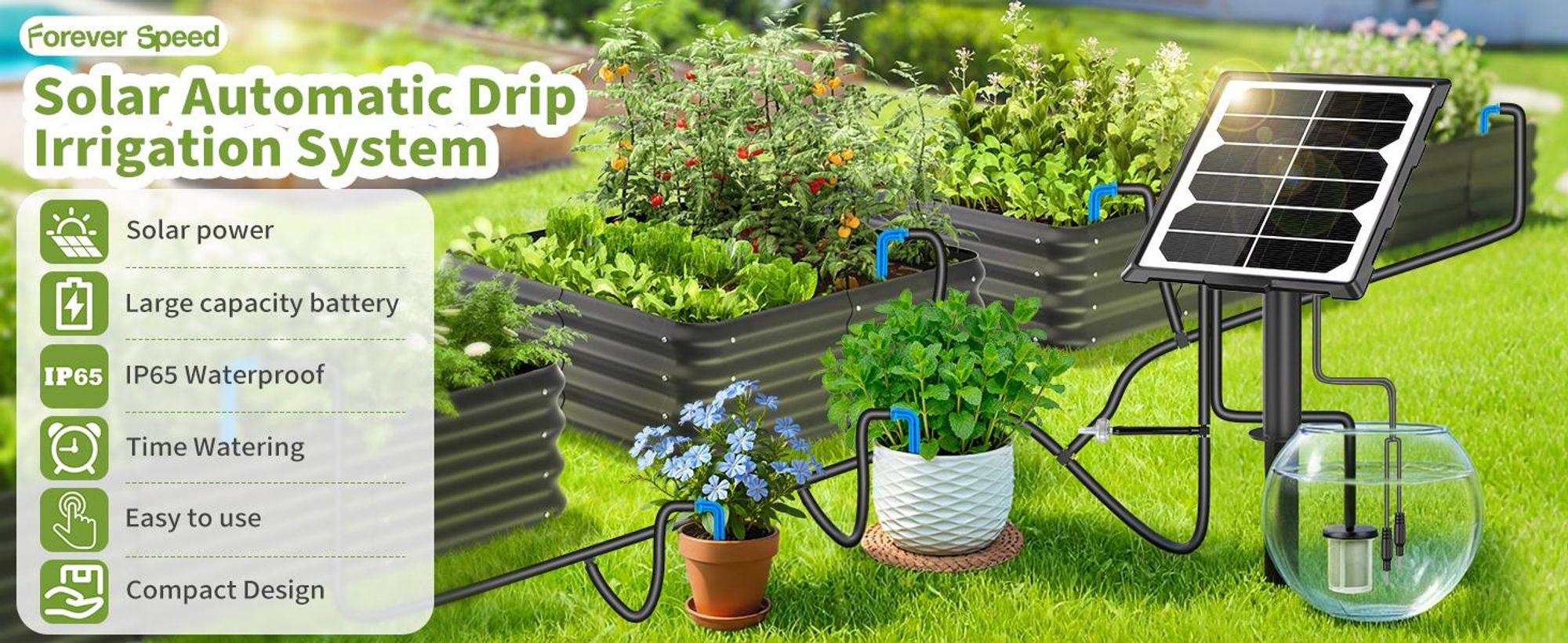 Speed Solar Bewässerungssystem Automatisches Set, Automatische BewäSserung mit Timer und 15 Tropfer -15m Schlauch, Ultraflache Ausführung