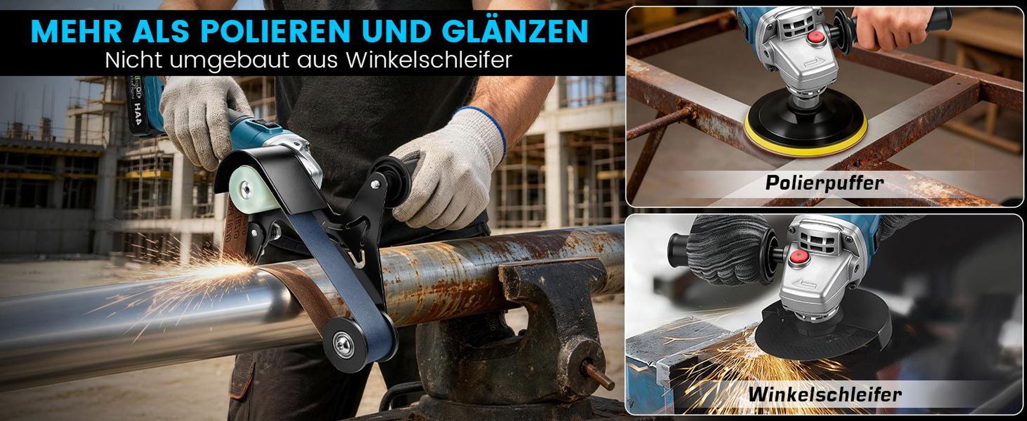 1200W 3-in-1 Akku Rohr-Bandschleifer mit 2×4000mAh Akku, 3Gang 9000U/min, 240° Rohrschleifer Bandschleifer zum Polieren Veredeln Entrosten von Rohren