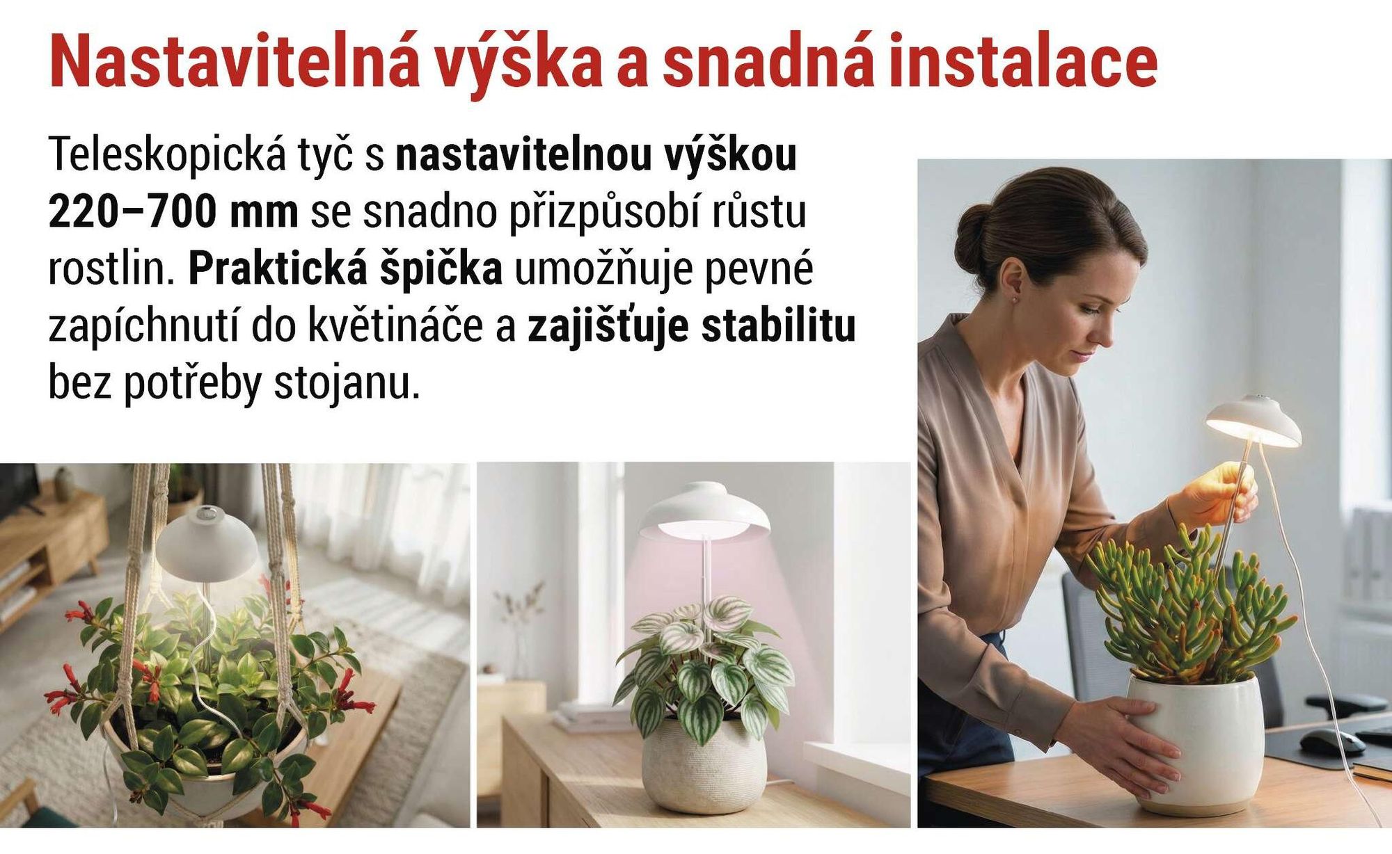 EMOS LED pěstební lampa pro pokojové rostliny a sukulenty, v designu stínidla s časovačem, výškově nastavitelná, 235 lm, 1,5 m USB kabel, Z7901