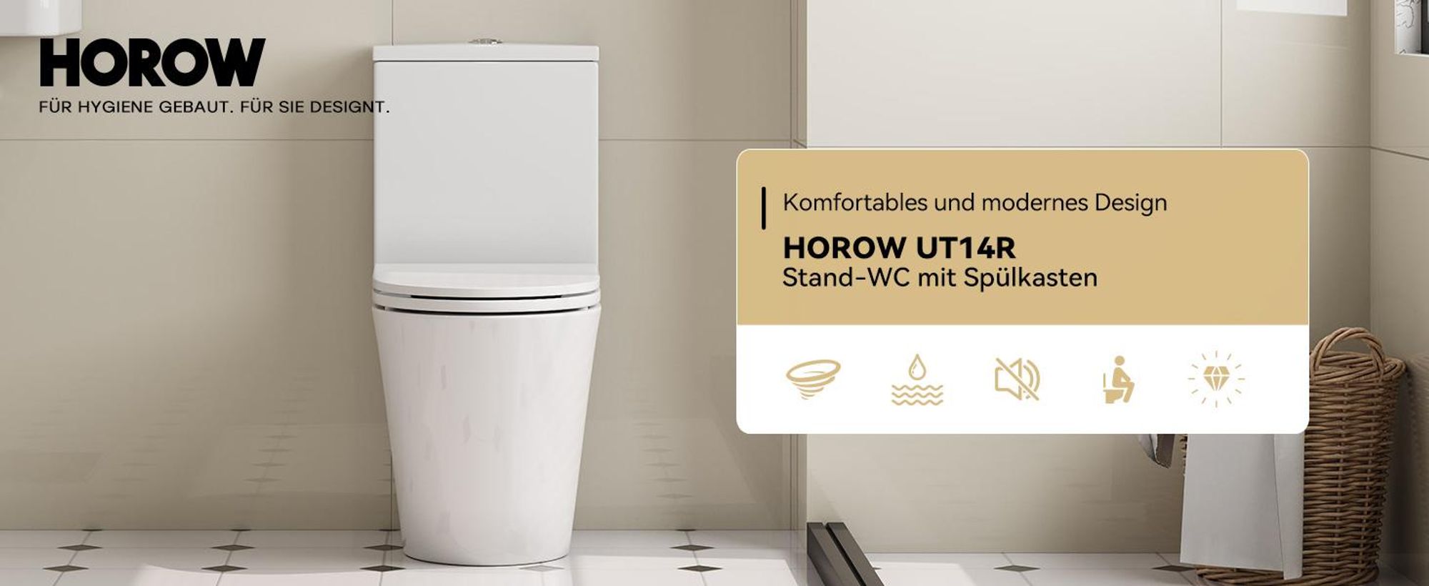 HOROW Spülrandlos Stand WC mit Spülkasten Komplettset, Keramik Stand Toilette mit Zwei-Mengen-Spülsystem, mit Toilettendeckel mit Absenkautomatik