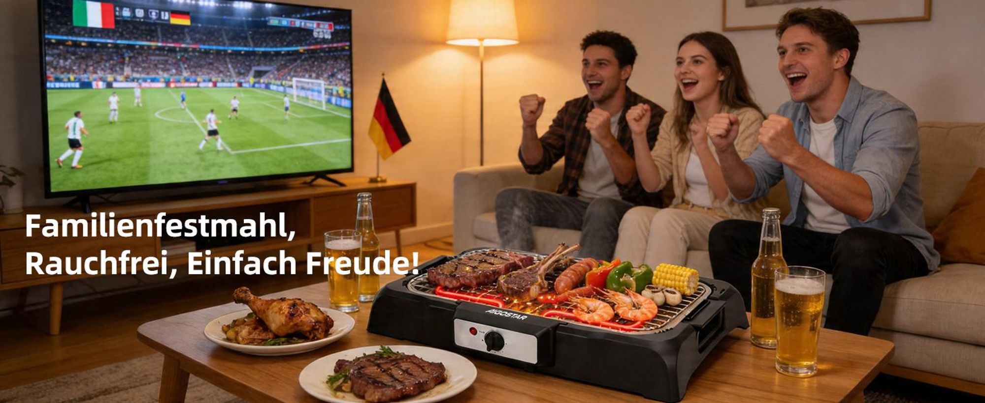 Aigostar - Rauchfreier Tischgrill Barbecue Elektrogrill Elektrischer, Antihaftbeschichtete Grillfläche , Abnehmbarer Fettauffangschale, 2000W