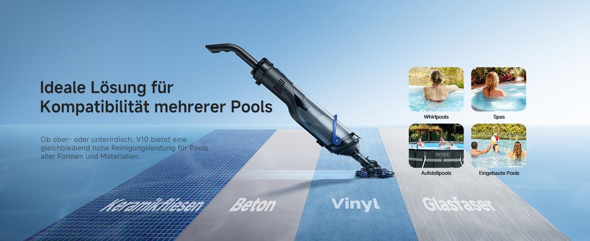 MOVA Handler V10 Kabelloser Poolsauger, 4.200 L/h Saugleistung, 60 Min Laufzeit, Transparenter Saugkopf, 1,8 m Teleskopgriff