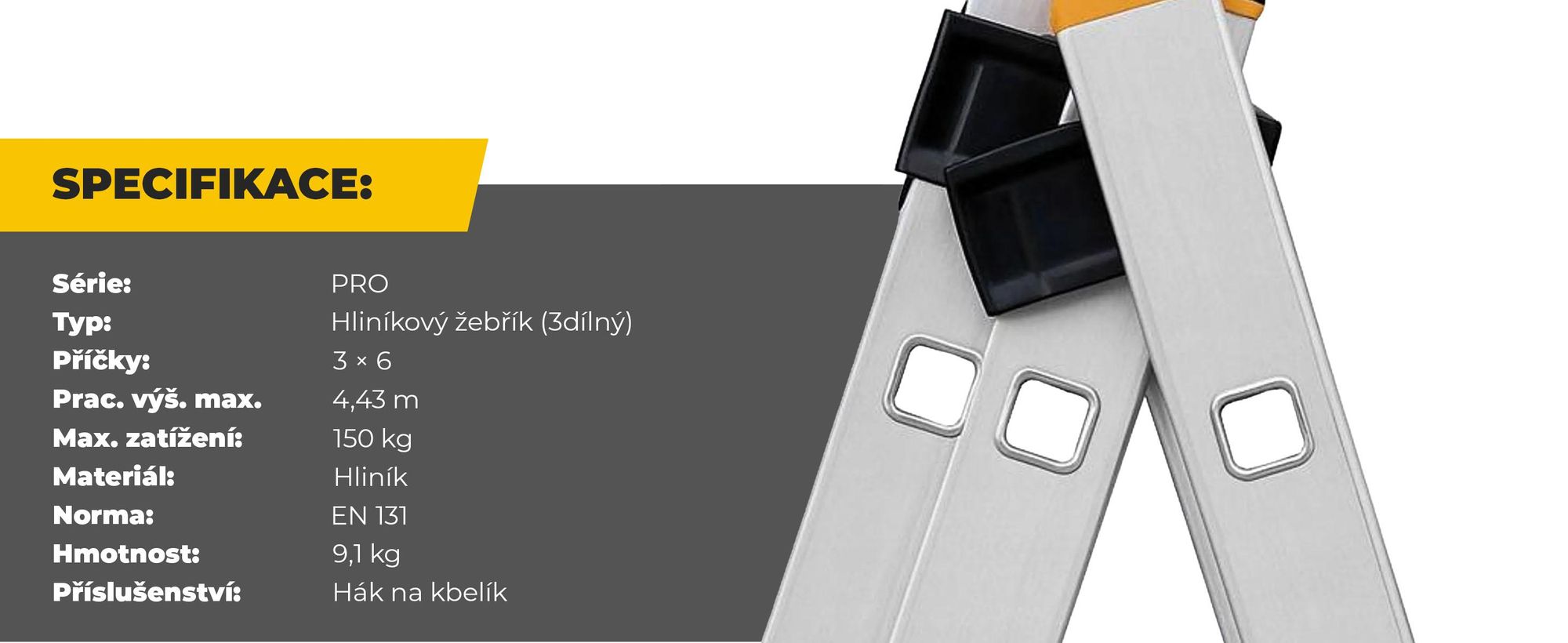 DRABEST | Žebřík, řada PRO, hliníkový víceúčelový žebřík, 3dílný průmyslový žebřík, 3 x 6 schodů, nosnost do 150 kg, pracovní výška 4,43 m, vč. háku n