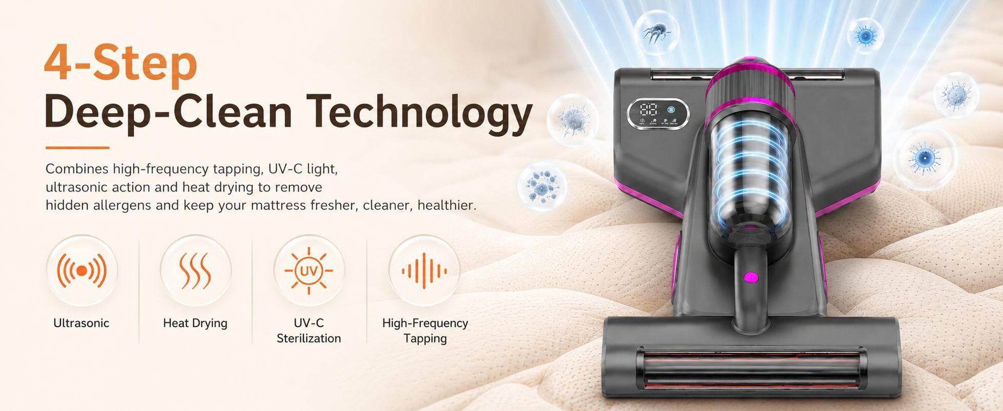 Milbensauger mit 70°C Heißluft & UV-C Licht, Anti-Milben-Staubsauger kabellos, HEPA-Filter, Milben Hand-Staubsauger für Allergiker, 3 Filterkartuschen