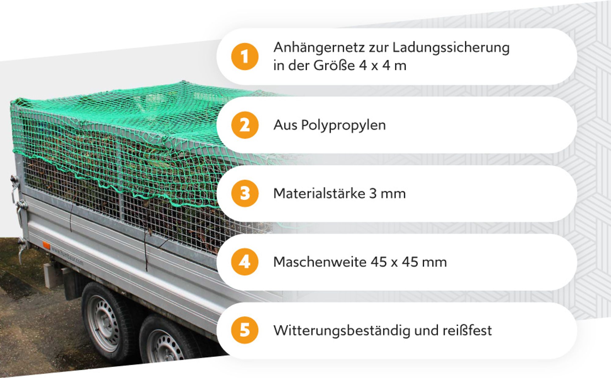 Wiltec Ladungssicherungsnetz 4x4m Grün Masche 4,5x4,5 cm Stärke 3 mm Polypropylen Transportnetz für Anhänger mit Randkördel Witterungsbeständig Ladung Sicherheit