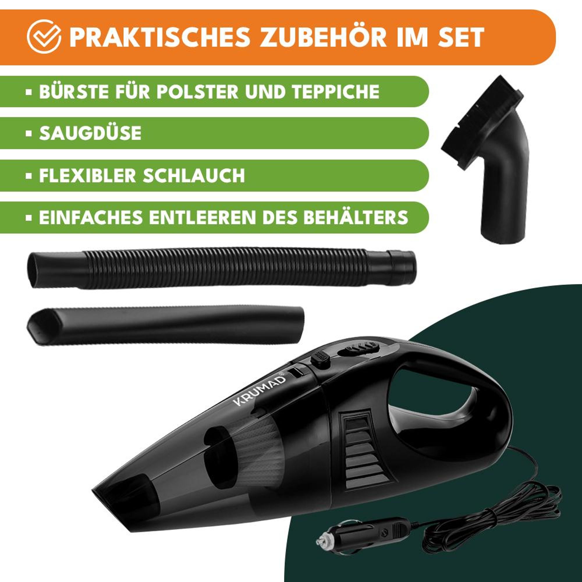 KRUMAD Auto Staubsauger 12V 120W – Beutelloser Handstaubsauger mit 5m Kabel & Zigarettenanzünder – Mini Staubsauger fürs Auto