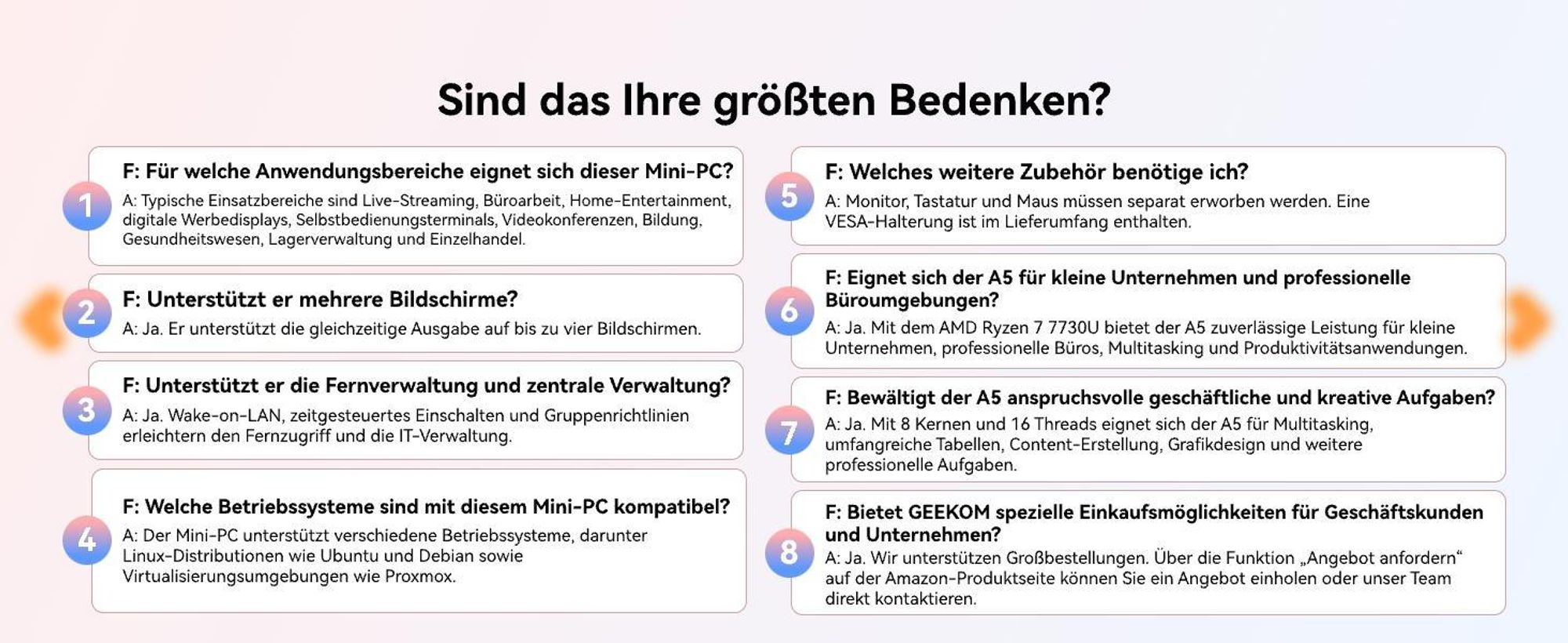 GEEKOM A5 2027 Mini PC, AMD Ryzen 7 7730U bis 4,5 GHz, 16 GB DDR4 RAM, 500 GB SSD, aufrüstbar, 4 Displays, 2,5G LAN, vorinstalliertes System