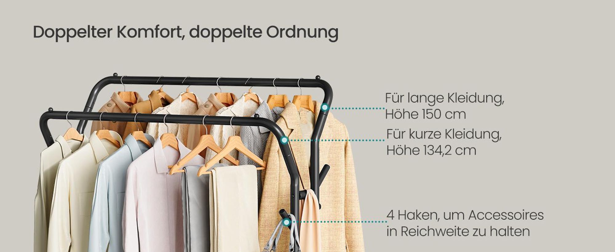 SONGMICS Kleiderständer auf Rollen 2 Kleiderstangen Garderobenständer