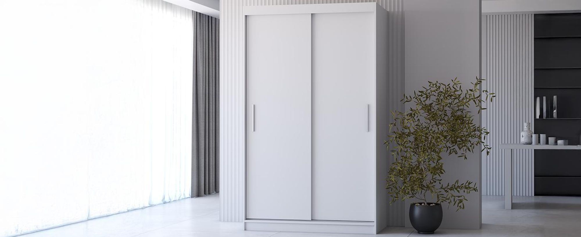 Schwebetürenschrank Neomi 04 - Weiß/Weiß, 120cm, moderner Kleiderschrank