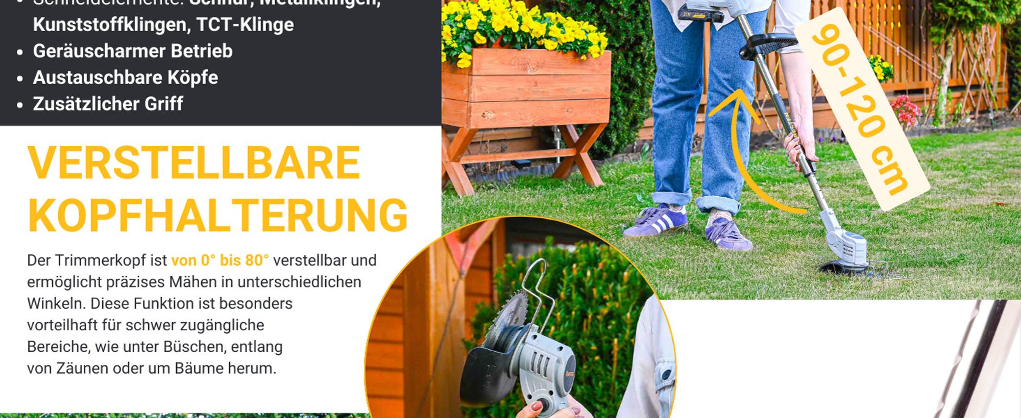 BESTEN Akku-Trimmer, Rasentrimmer, Elektro-Freischneider Gras-Freischneider + Faden, 2x Akku 3.0
