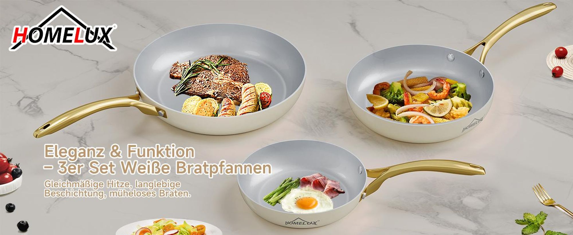 Keramikpfanne Pfannenset Pfanne 3TLG Bratpfanne Ø20/24/28cm,Induktion für alle Herdarten