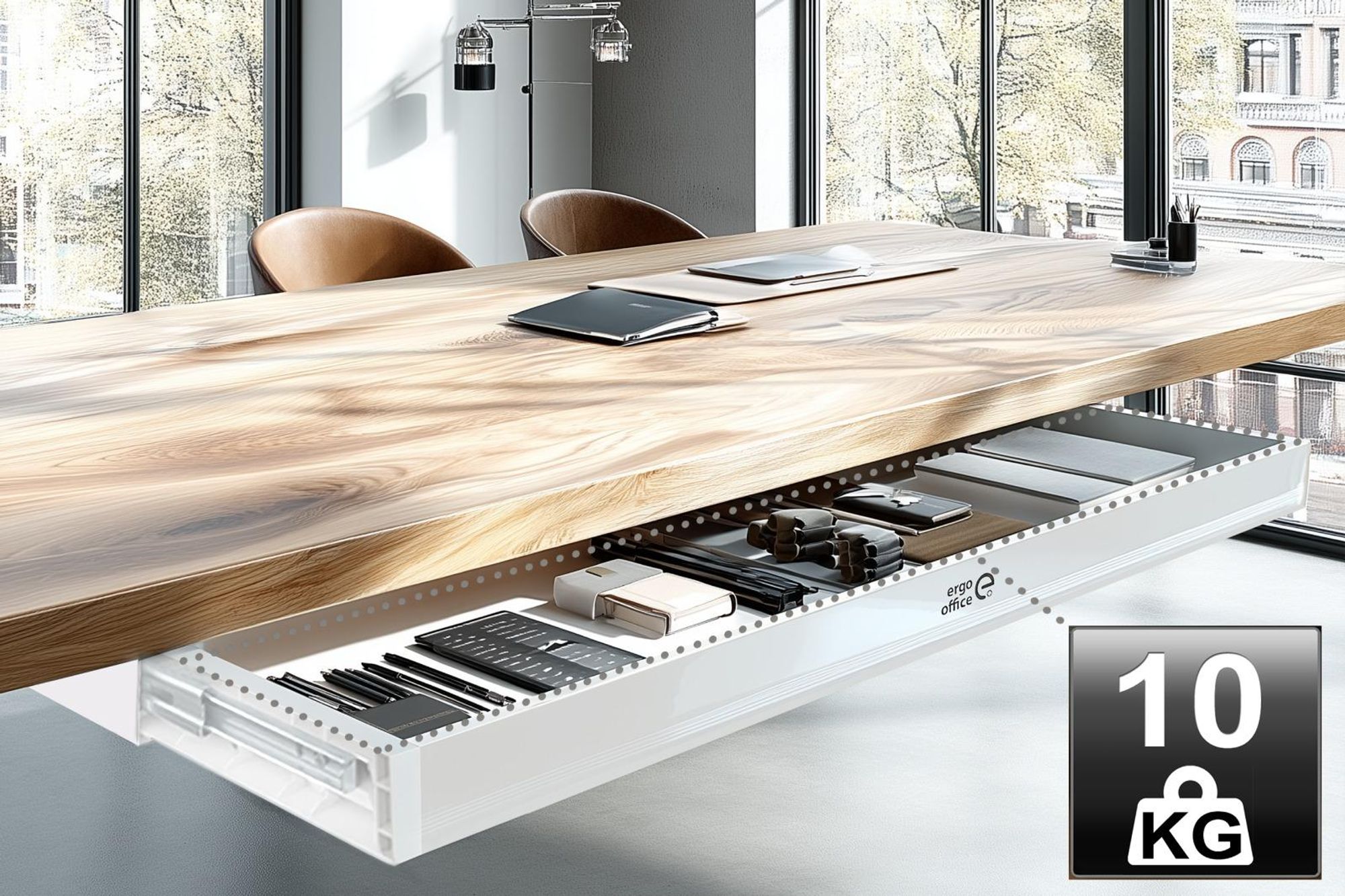 Flache Untertisch‑Schublade 758 mm | Robuste Kunststoff‑Schublade mit Stahlführungen bis 10 kg Ergo Office ER‑302
