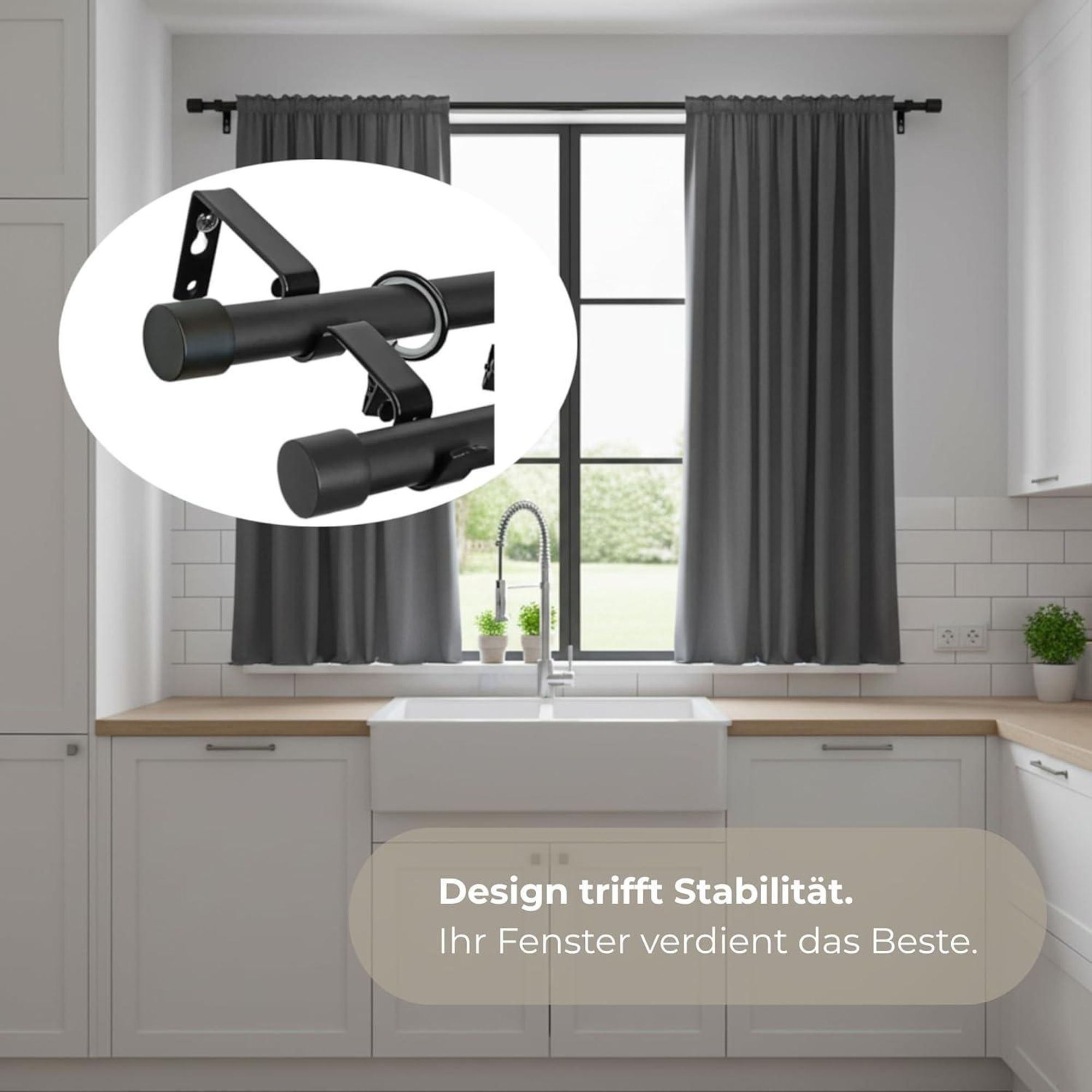 LOFT 140 cm Doppelte Gardinenstange Schwarz 19 mm aus Metall mit Endstück Basic Komplettset mit Ringen und Clips Inklusive Montagezubehörset