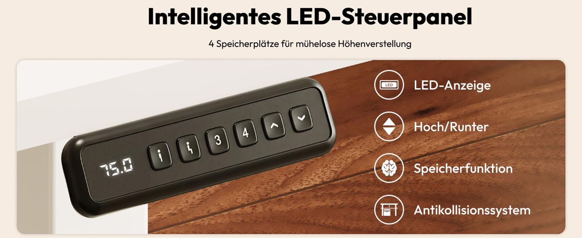 SANODESK QS1 Höhenverstellbarer Schreibtisch Elektrisch EINTEILIGE TISCHPLATTE, 4 Speicherplätzen, Haken & Kabelmanagement, 120x60cm (Weiß)