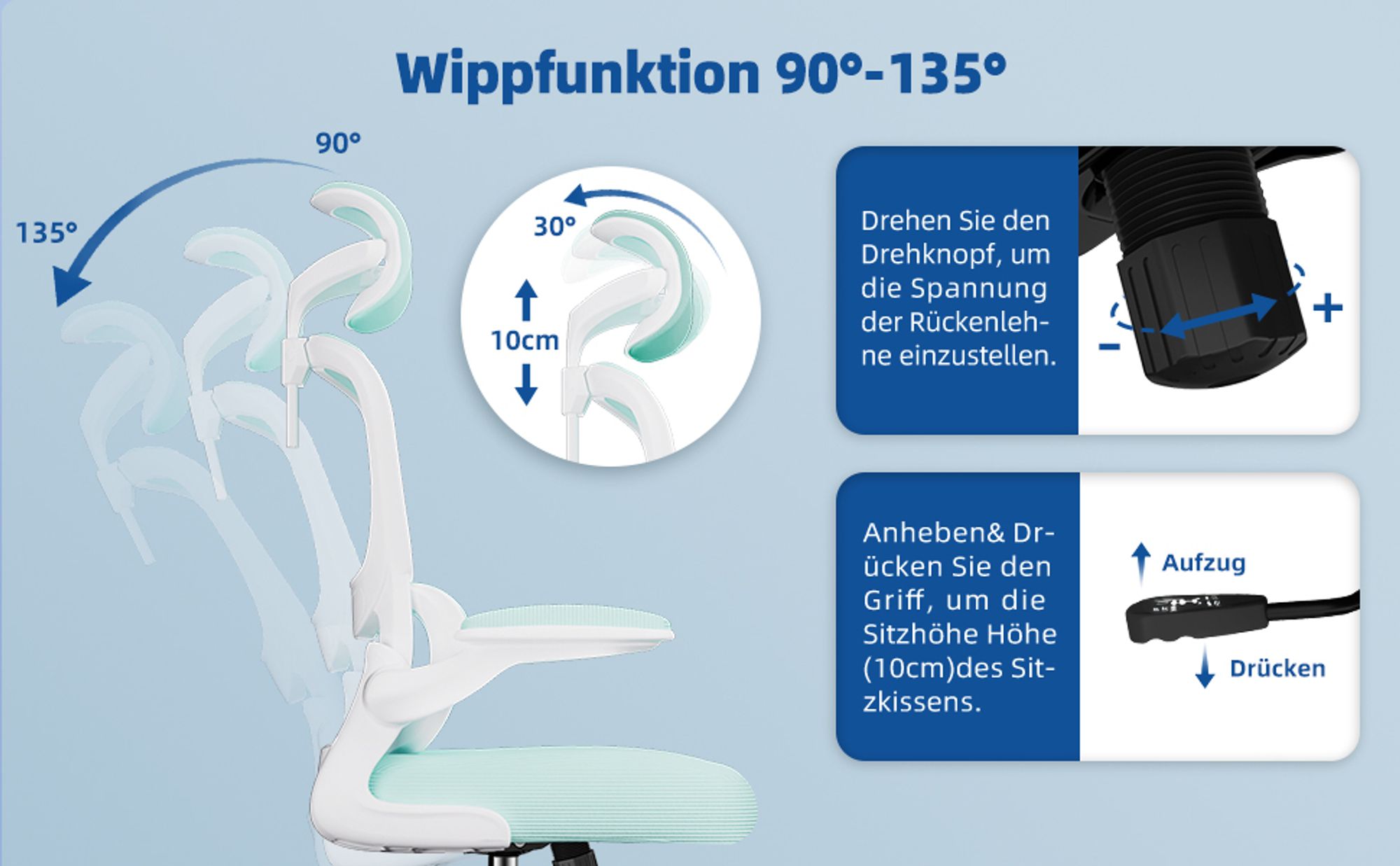 Adormii Bürostuhl Ergonomisch Schreibtischstuhl Verstellbarer Kopfstütze Umklappbare Armlehnen Lordosenstütze Drehstuhl Chefsessel Wippfunktion 150kg