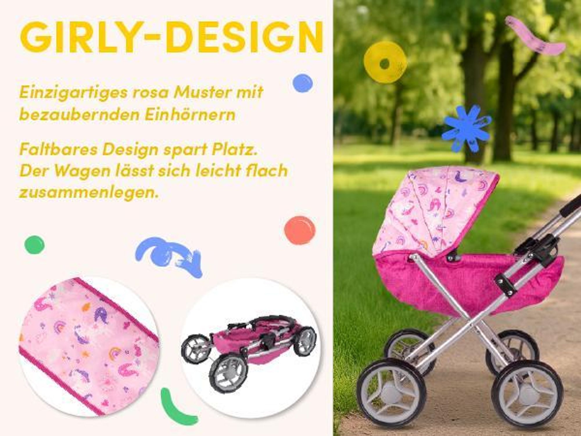Rosa zusammenklappbarer Puppenwagen mit Tasche und verstellbarem Sonnendach