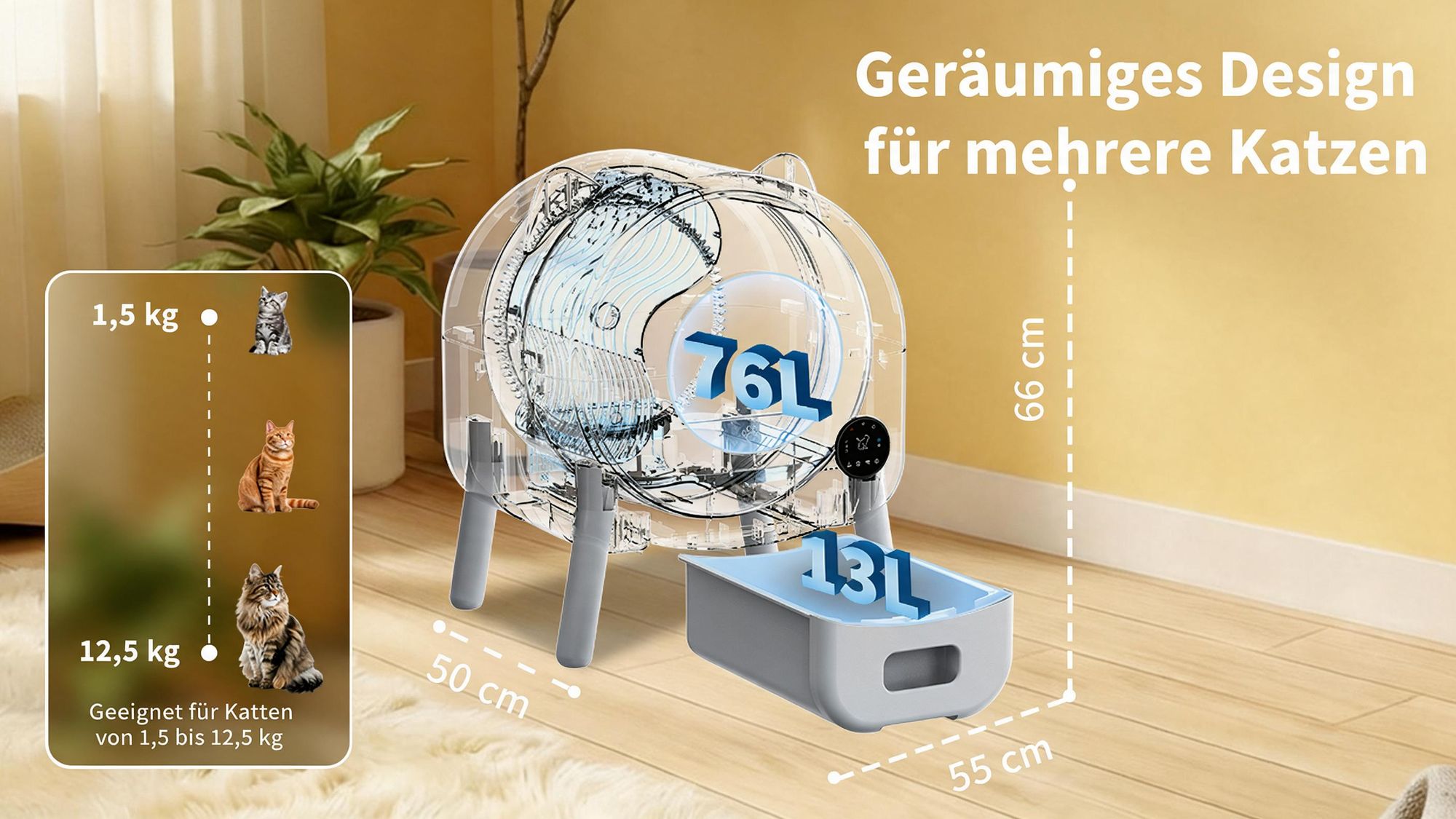 Selbstreinigende Katzentoilette 76L XXL Katzenklo mit App-Steuerung, für mehrere Katzen, 8-fach Anti-Klemm-Sensoren, geruchsarm, leise, LED-Nachtlicht