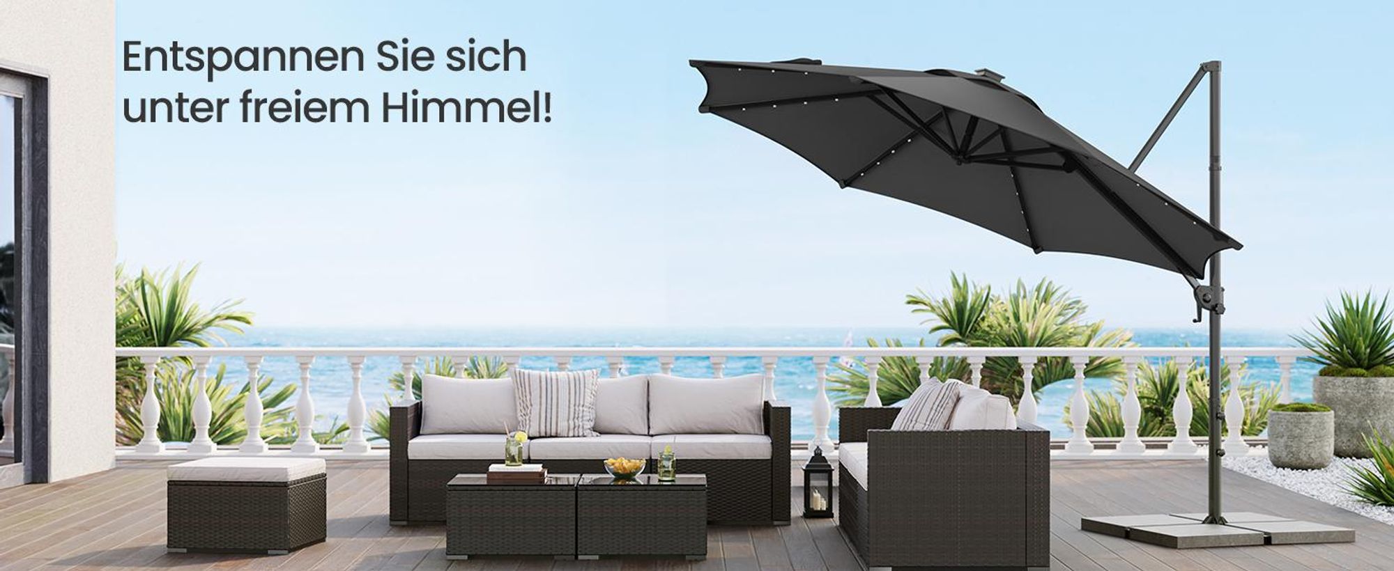 Sonnenschirm Ampelschirm, ∅300cm, 28 Solar-LED-Leuchten, UPF 50+, um 360° drehbar