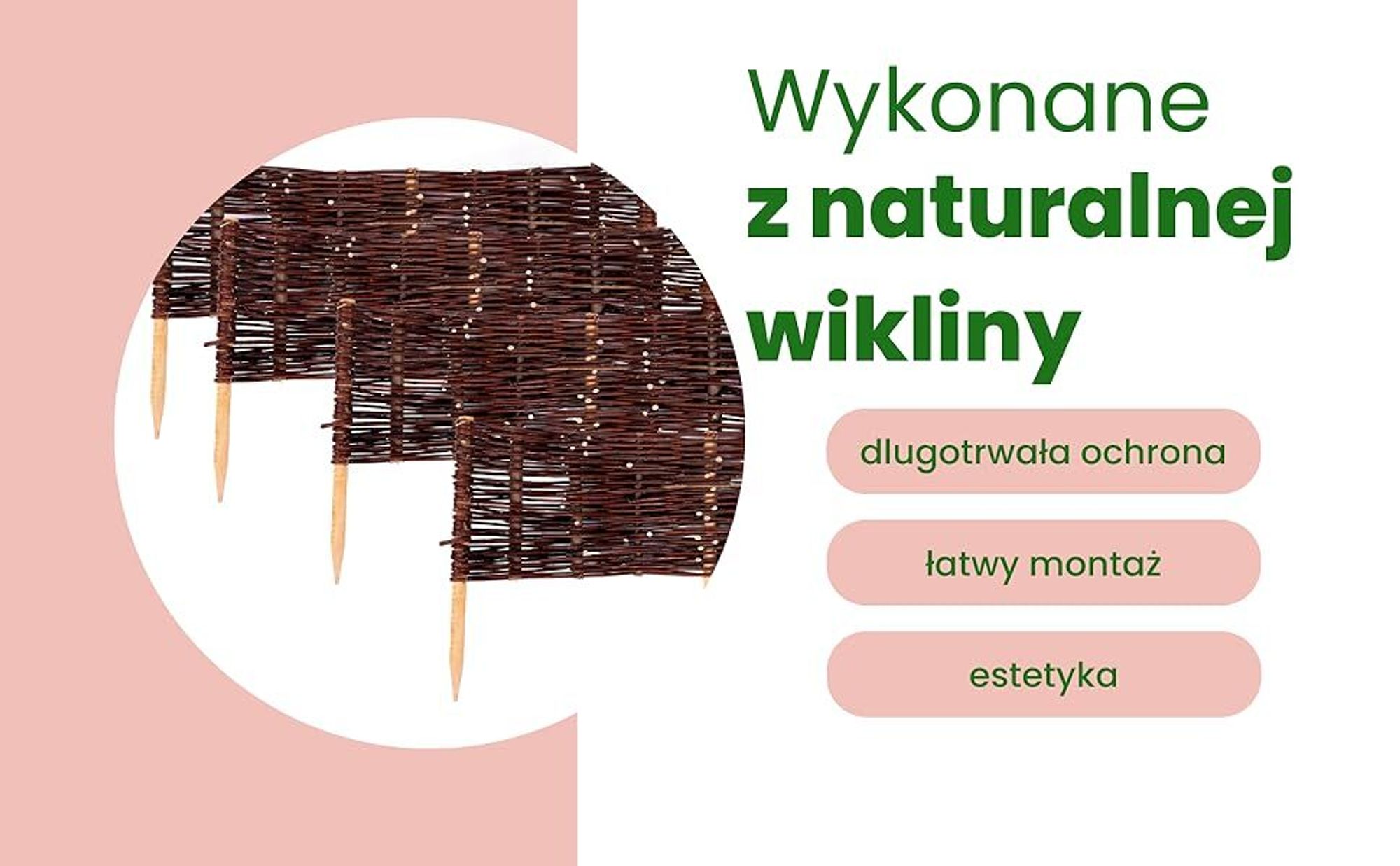 Ogrodzenia Wiklinowe Palisada Wiklinowa Okrągła Zestaw 4 sztuk 45x20 cm, Rabatka Ogrodowa, Obrzeże Trawnika, Naturalny Płotek Wiklinowy