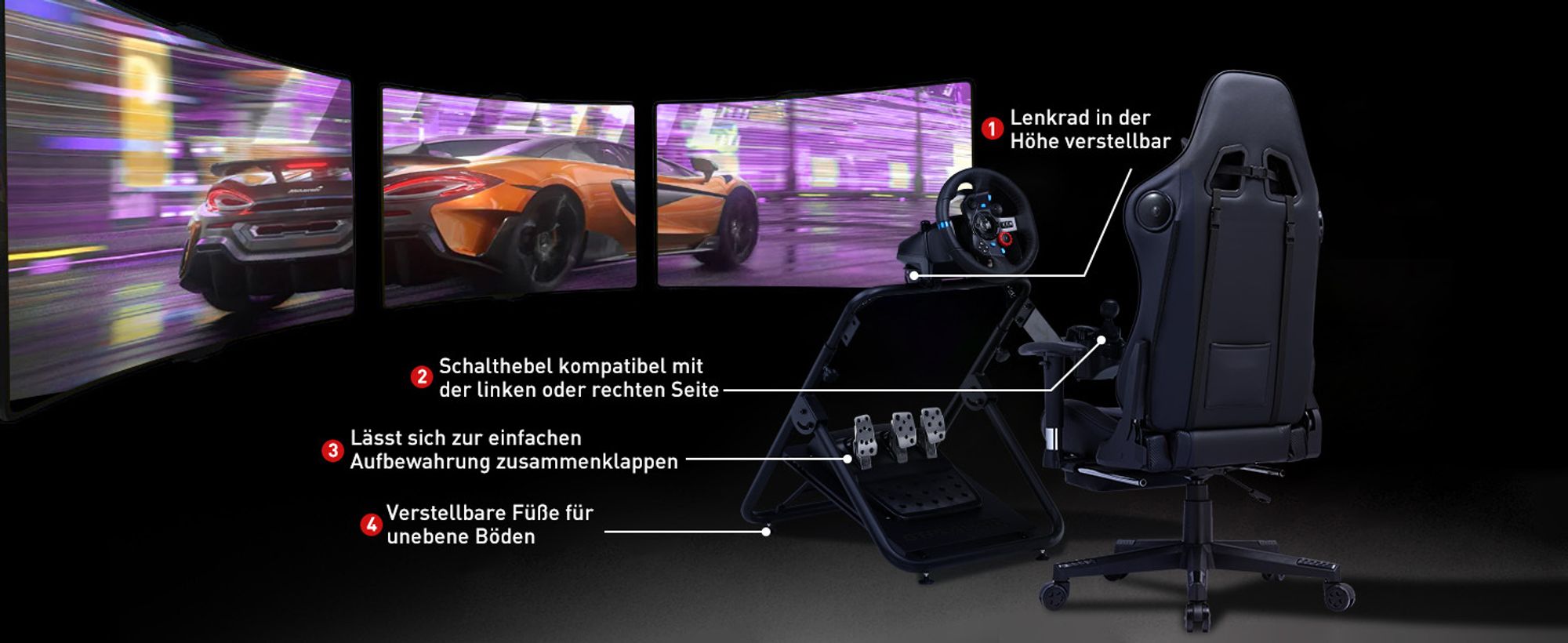 GTPLAYER Sim Racing Lenkradständer Gaming Wheel Stand für G920 G29 G25 G27 G923 T300RS mit Schalthebelhalterung, Höhen- und Winkelverstellung schwarz