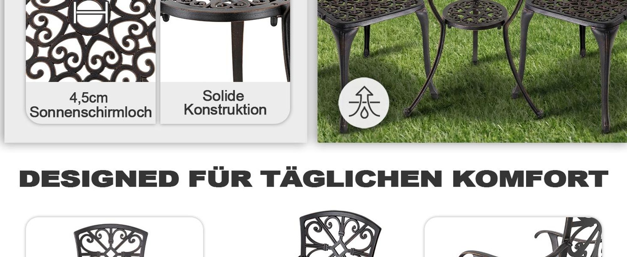 Avestar 3-teiliges Bistro Set aus Aluminiumguss, Gartenmöbel Set, Balkonmöbel, runder Bistrotisch mit 2 Gartenstühlen, Schwarz
