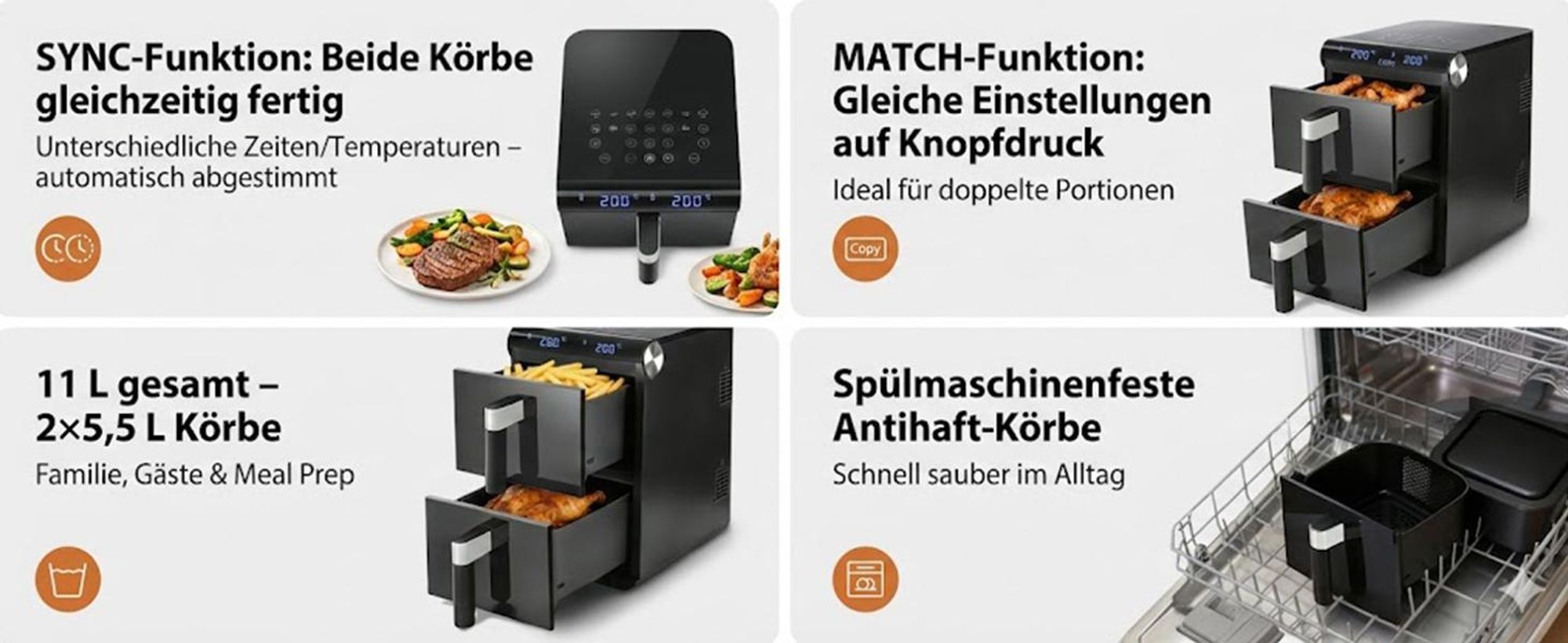 ZMH Heißluftfritteuse Airfryer 2 Kammern 11L 3in1 Air Fryer Dual Zone Doppelkammer übereinander 2800W Heissluftfritteuse mit Touchscreen & Timer