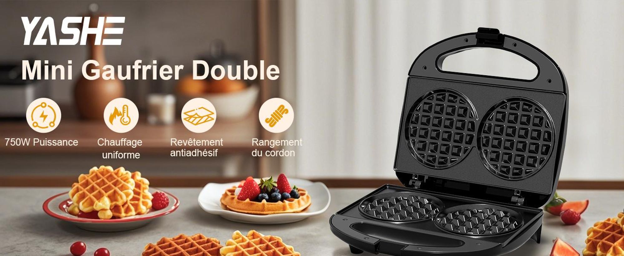 Mini gaufrier YASHE 750 W noir pour 2 gaufres rondes