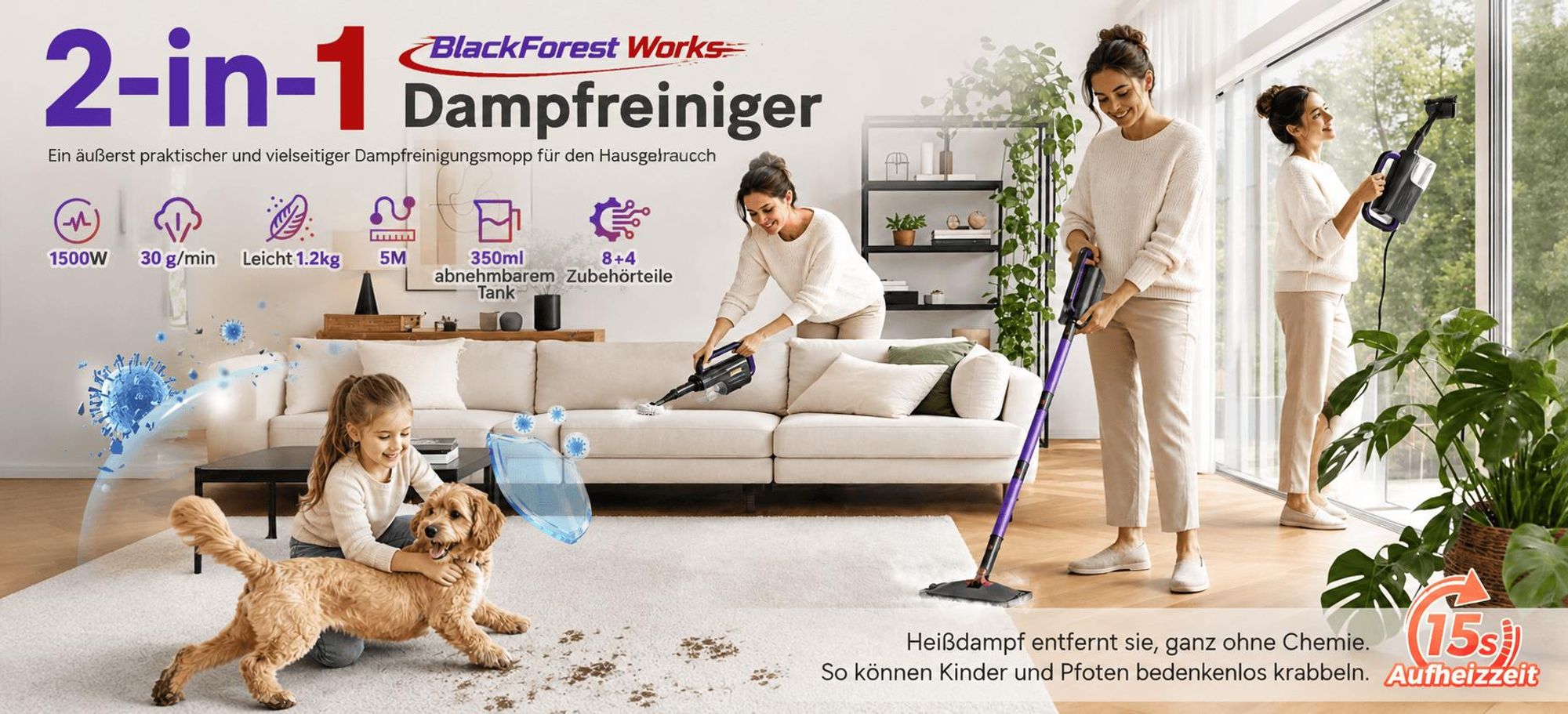 Dampfreiniger, 1500W handdampfreiniger & Dampfbesen, 15s Aufheizzeit, 4bar Dampfreiniger & Dampfdruck, Drehkopf, für Boden, Sofa, Küche, Bad & Fenster
