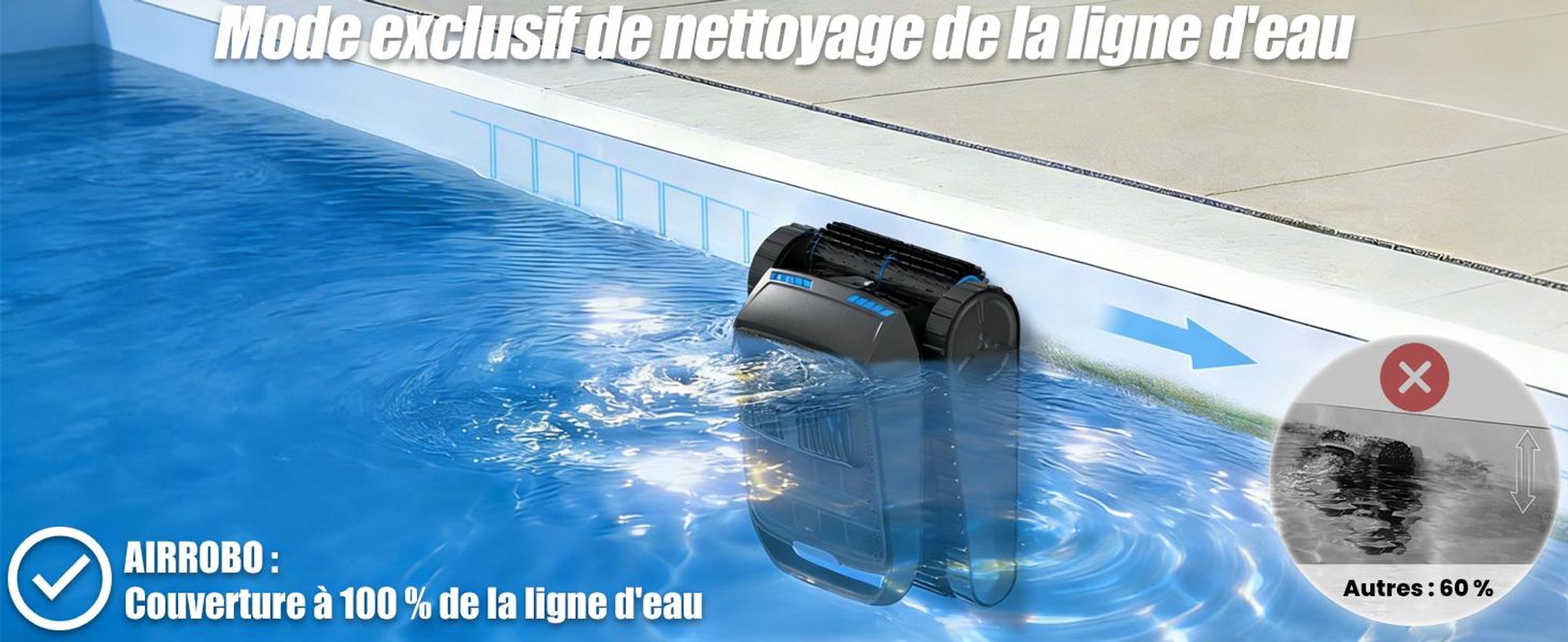Robot de piscine AIRROBO CP400 Lite Robot nettoyeur de piscine pour sol/murs/ligne d'eau, aspirateur de piscine sans fil, autonomie de 150 min