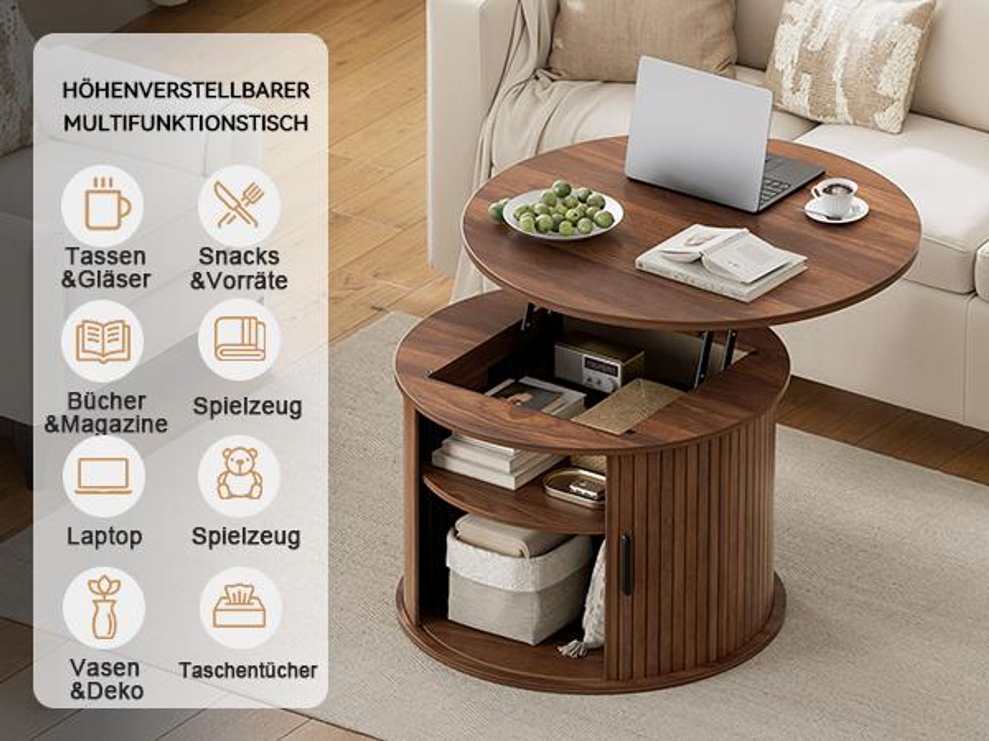 FABATO Runder Couchtisch mit Hochfahrfunktion & gewelltem Holzdekor – mit verstecktem Stauraum, offenem Regal & drehbarer Schiebetür als kleiner Essti