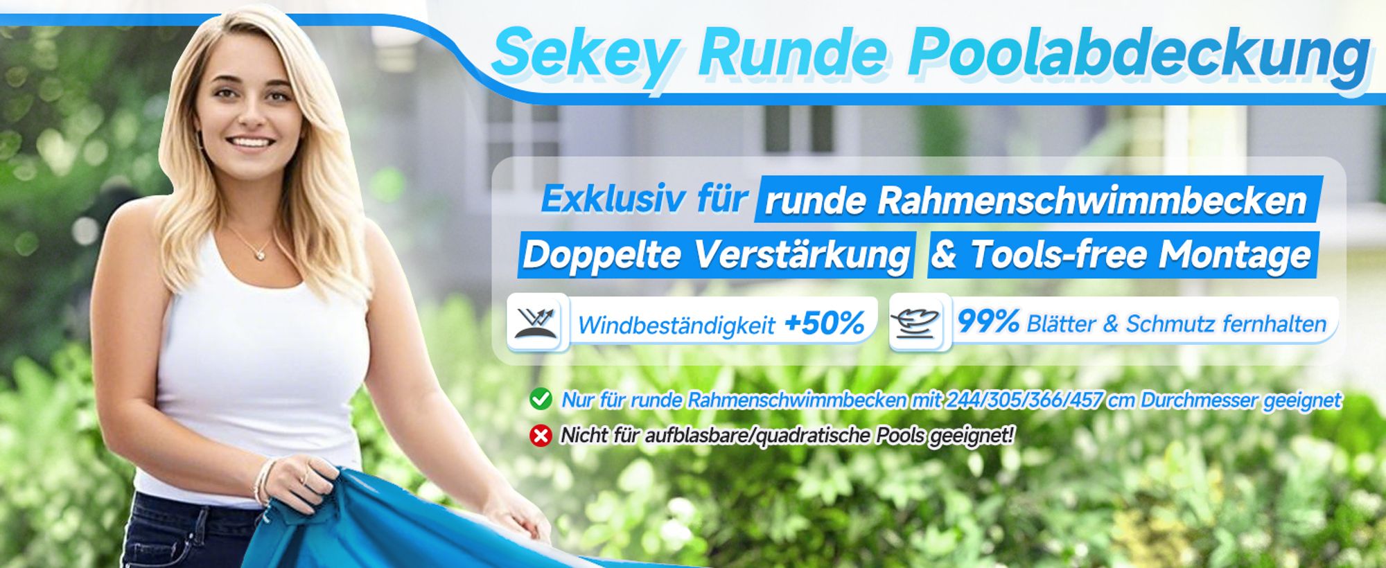 Sekey Poolabdeckung Rund Hochdichtes Abdeckplane für Stahlrahmenbecken, 366 cm, Blau