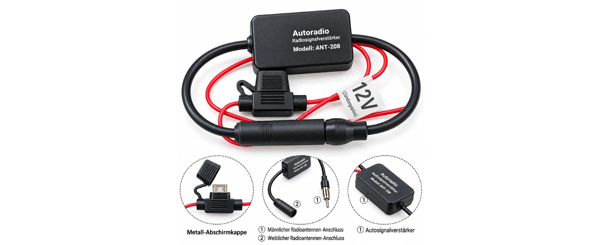 F86 Auto Antennenverstärker 12V FM/AM – DIN Stecker Signalverstärker für Radioempfang – Universal für PKW
