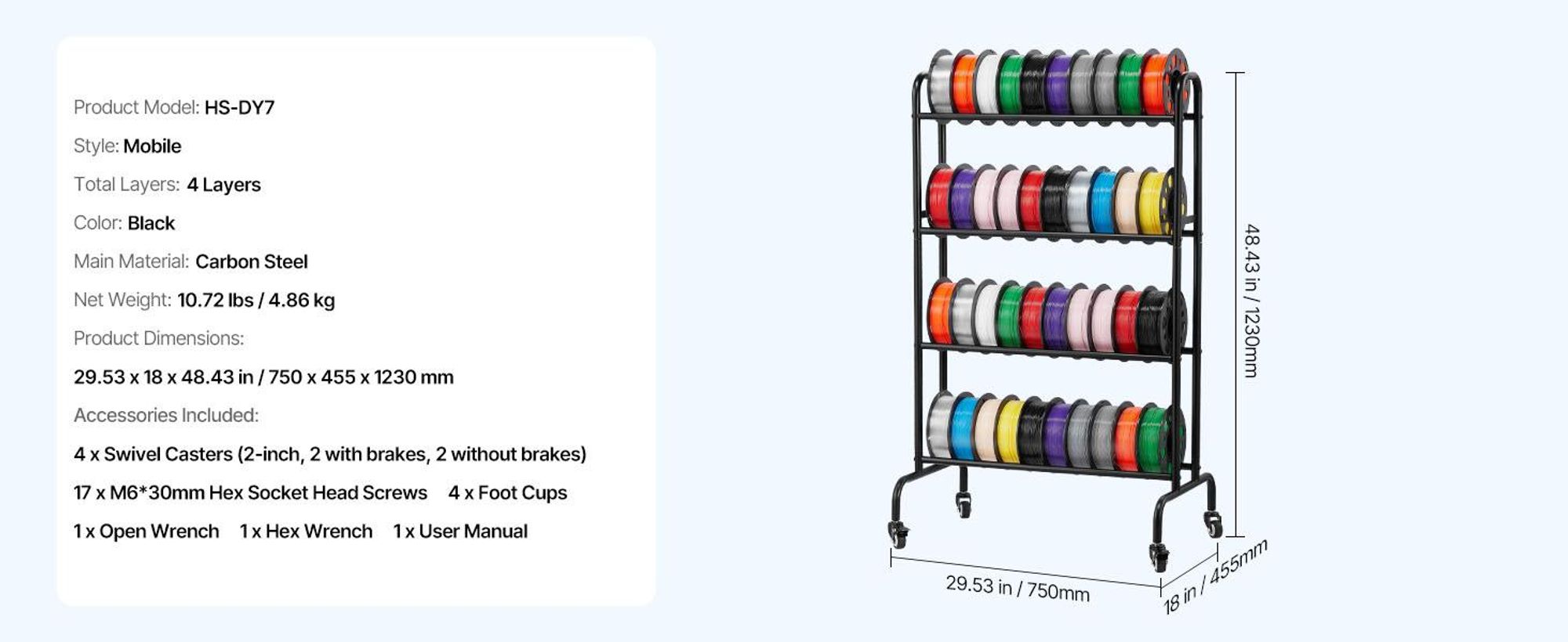 VEVOR Wandmontierter Drucker Filamentlagerregal, 2-stufiges Wandregal, rollbare Filamentspulenhalter mit Rädern, Filamente organisiert für 3D-Druckstudio, Werkstatt (Nur Regal), Mobile-a, Vier Schichten